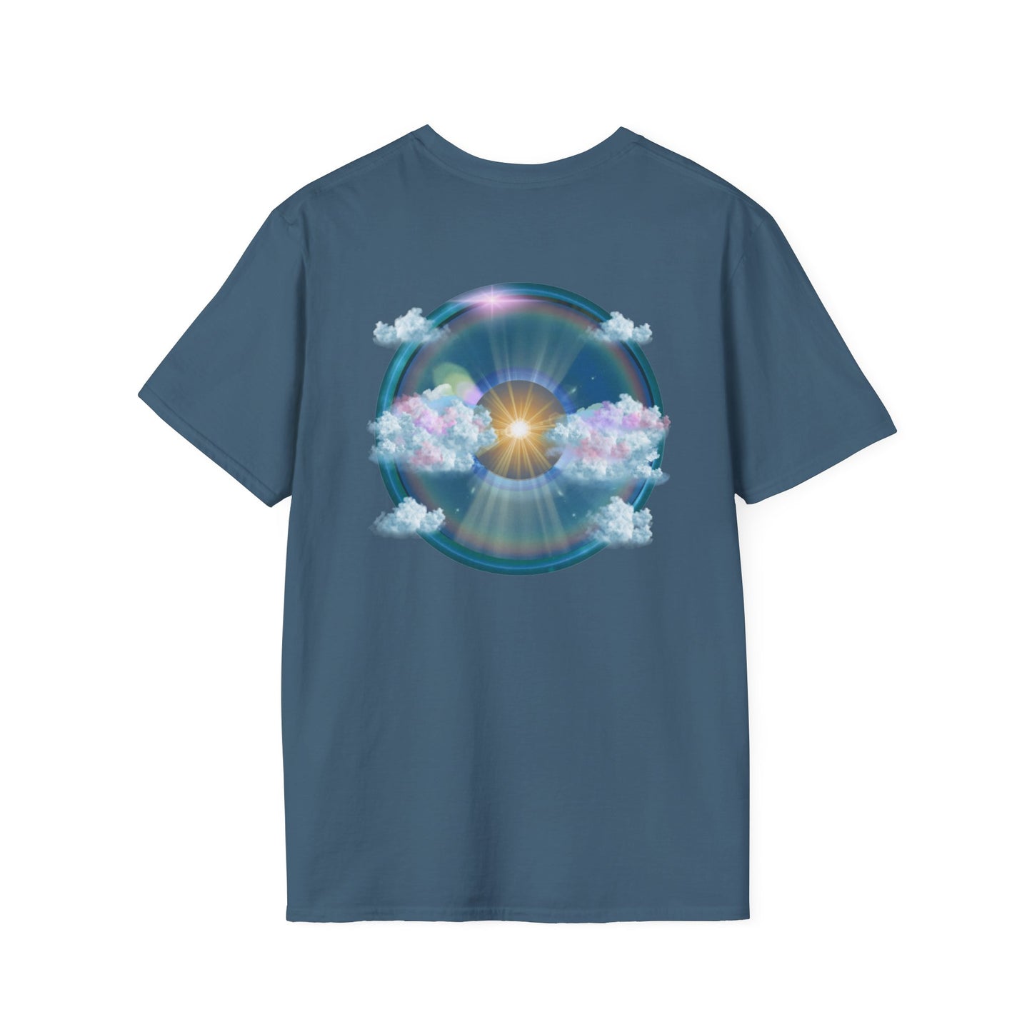 Classic Donut Tee - Unisex Soft-Style - "The Divided Donut" - variant 2 - blue donut  w/hole & sun [*50% to The Divided Sky Foundation]