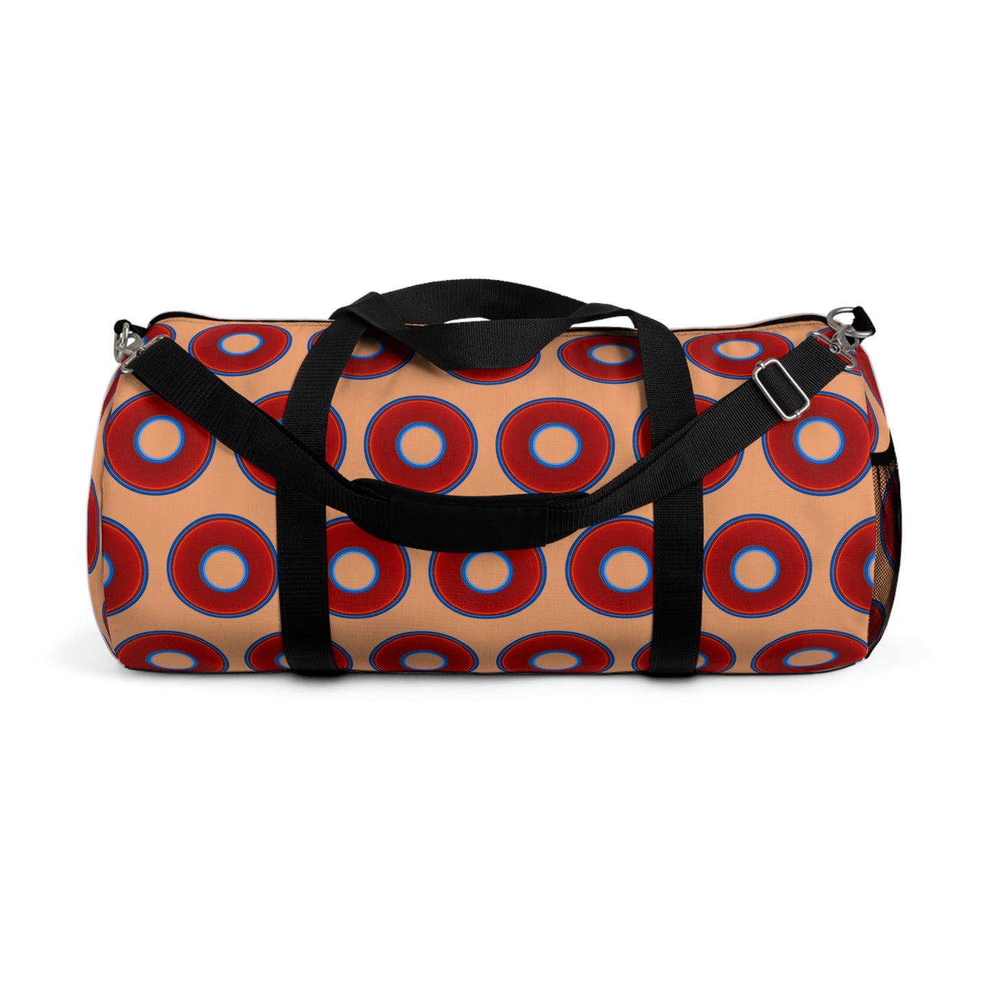 Lumpy Duffel - vivid red donuts w/peach background