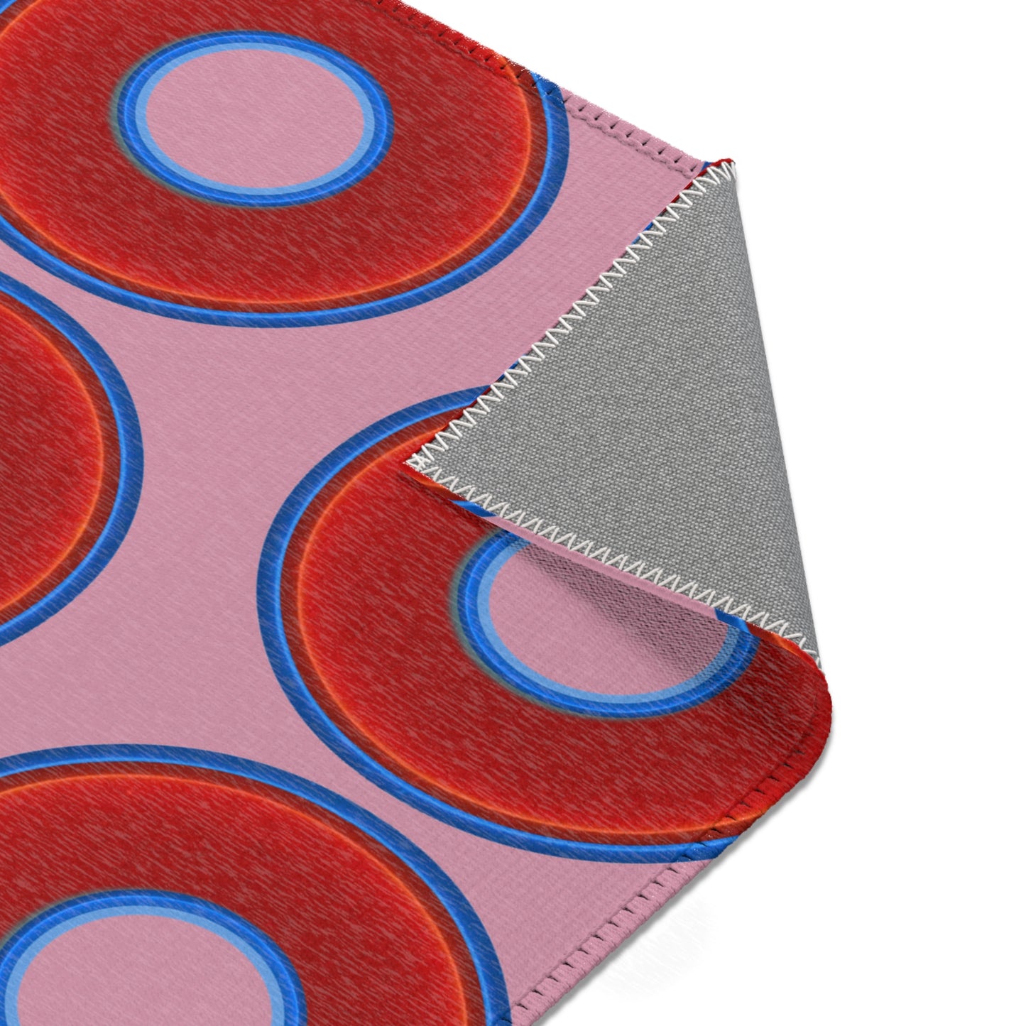 Lumpy Donut Print Rug - choice of 3 sizes - vivid red donut print w/pale magenta background