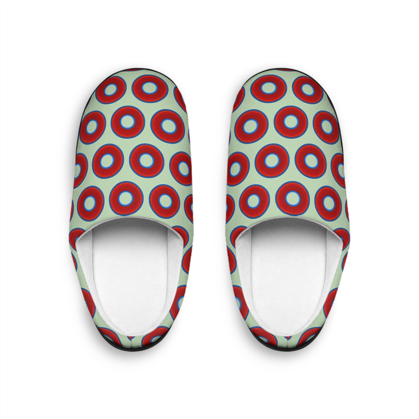 Women's Lumpy Slippers - red vivid donut print w/seafoam background