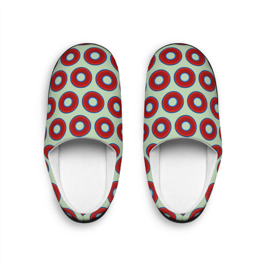 Women's Lumpy Slippers - red vivid donut print w/seafoam background