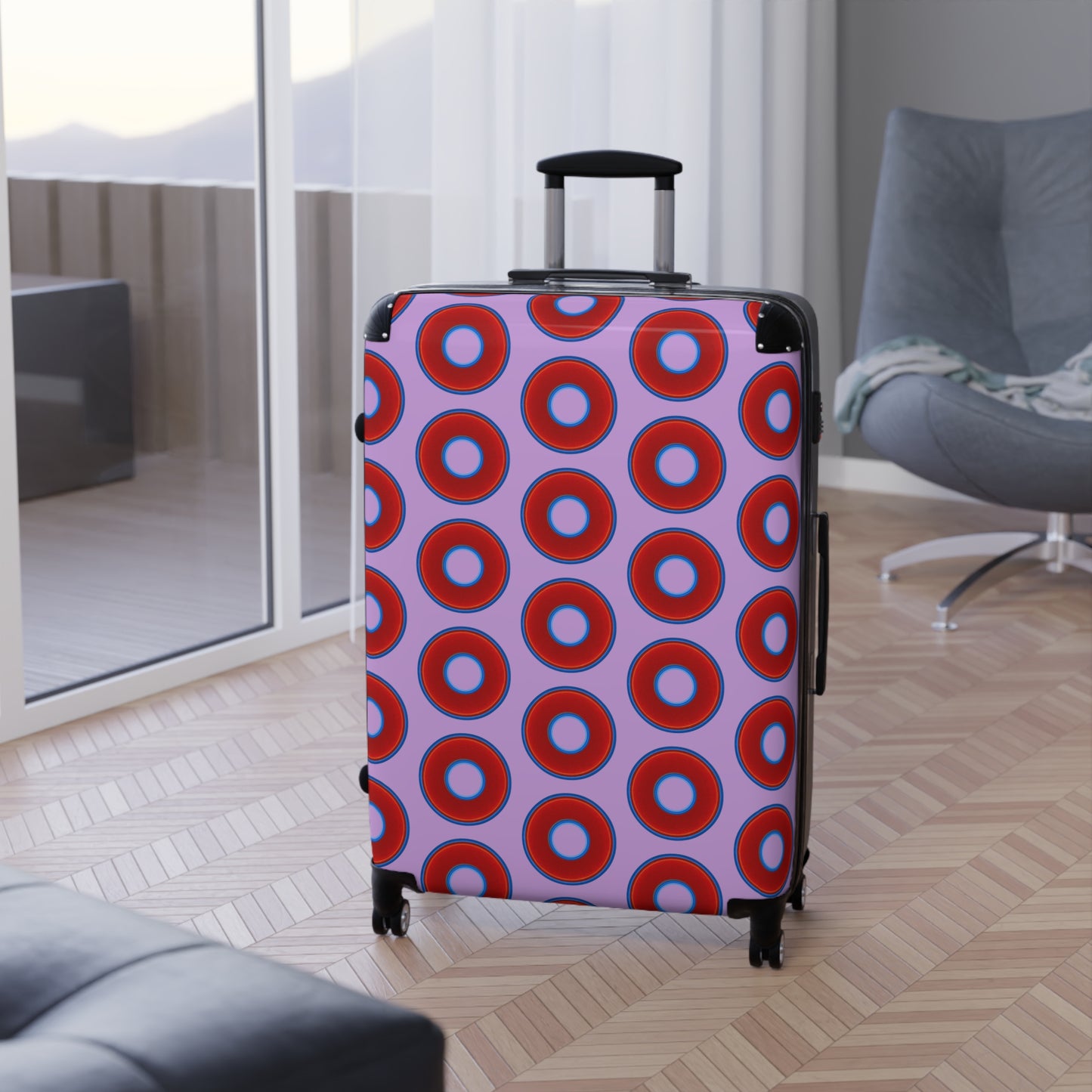 The Very Lumpy Donut Suitcase series - your choice of S, M or L - vivid red donut print w/wisteria purple background