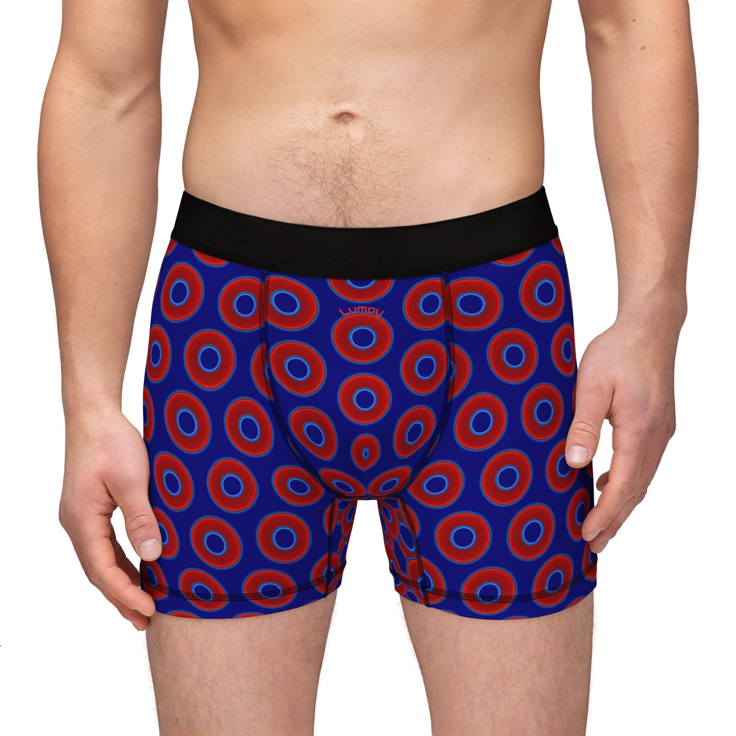 Men's Donut Boxers - red vivid donuts w/vivid navy blue background