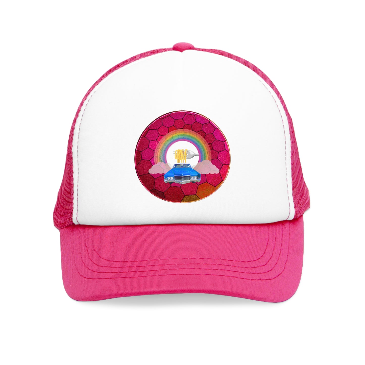 Lumpy Trucker Hat - "The Spaghetti Incident in my Caddy " - variant 3 - magenta hexadonut w/blue caddy