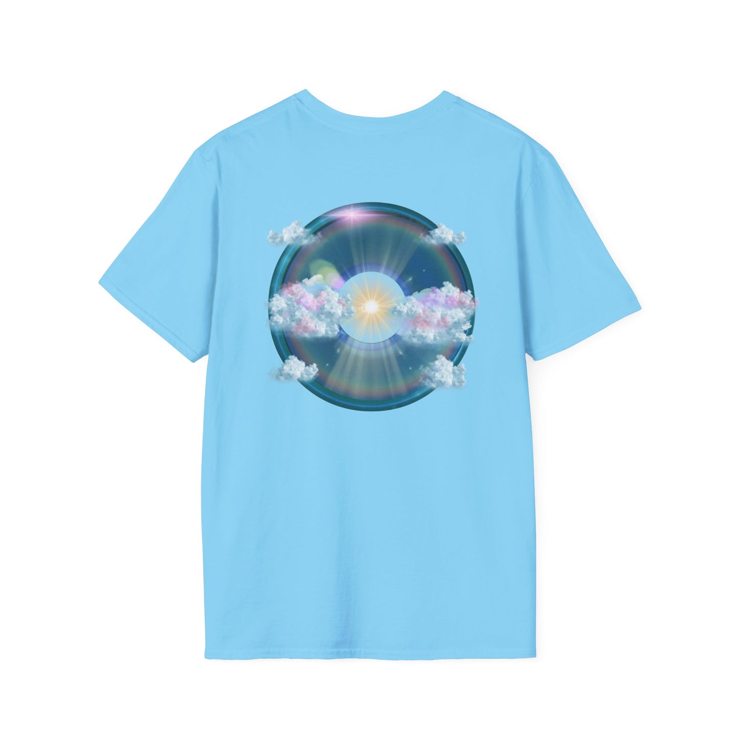 Classic Donut Tee - Unisex Soft-Style - "The Divided Donut" - variant 2 - blue donut  w/hole & sun [*50% to The Divided Sky Foundation]