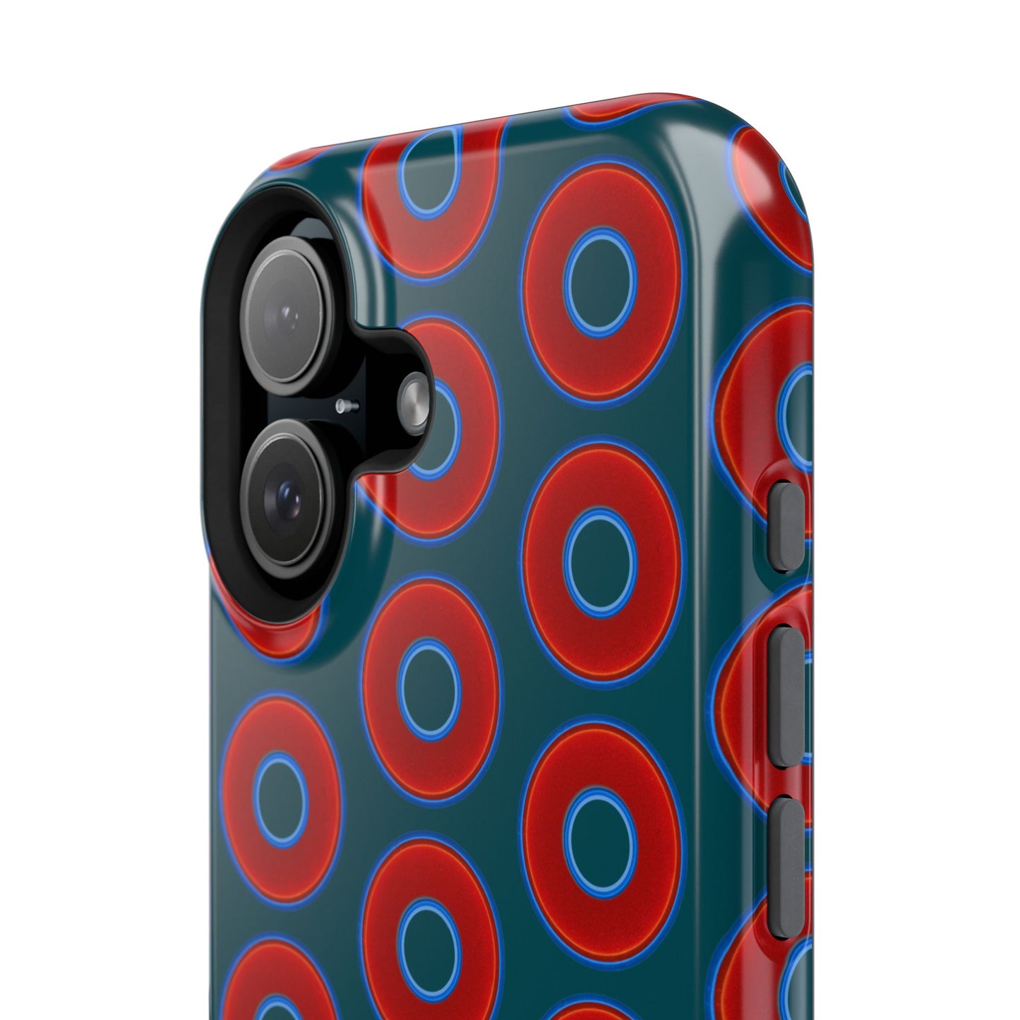 Impact-Resistant Lumpy Donut Case - red vivid donut print w/midnight green background