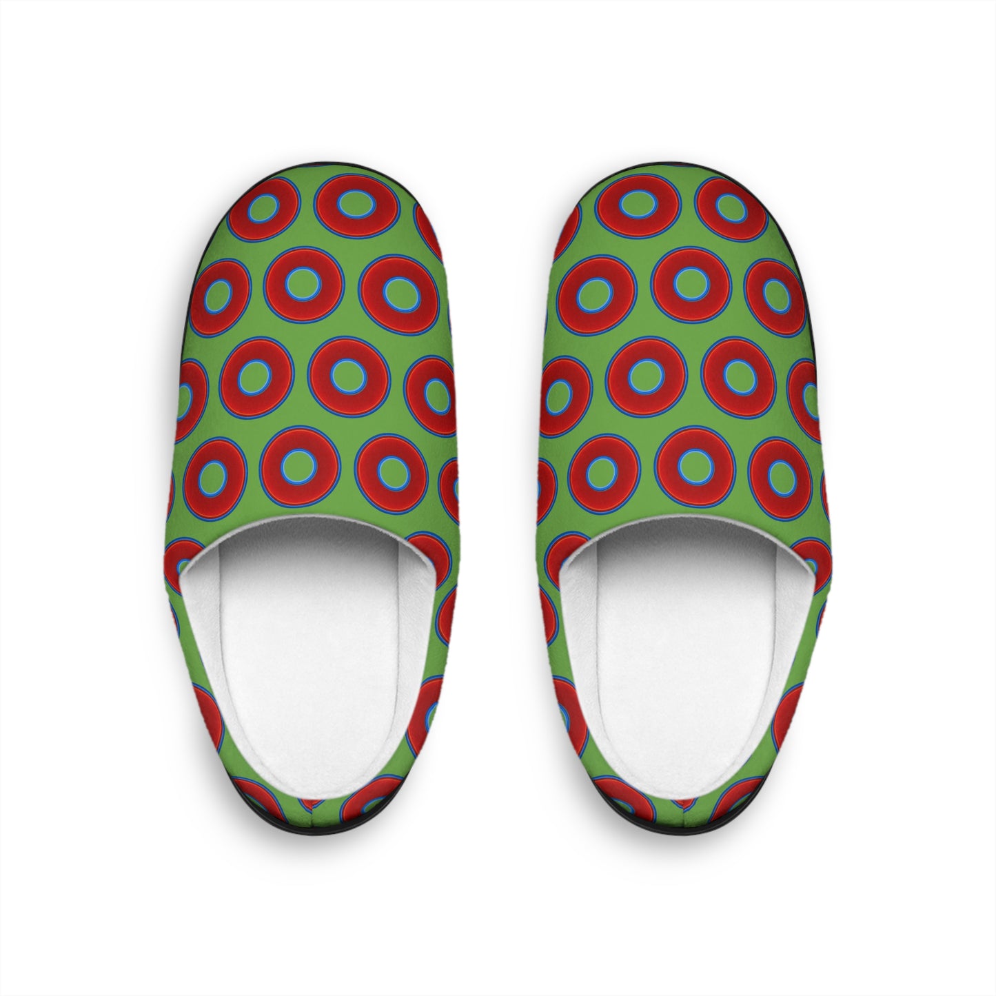 Men's Lumpy Slippers - red vivid donut print w/light green background