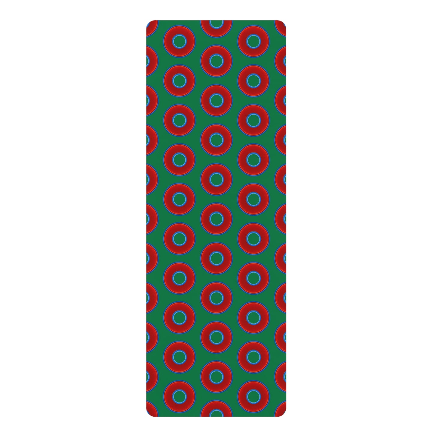 Lumpy Donut Yoga Mat :) - 24″ x 70" - vivid red donut print w/dark green background