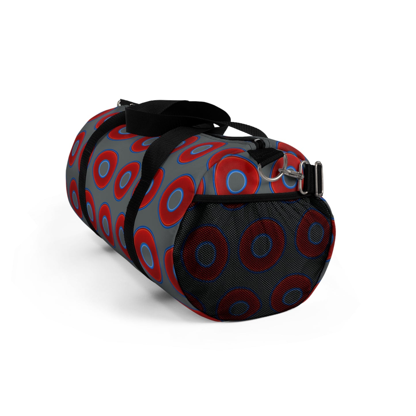 Lumpy Duffel - vivid red donuts w/dark gray background