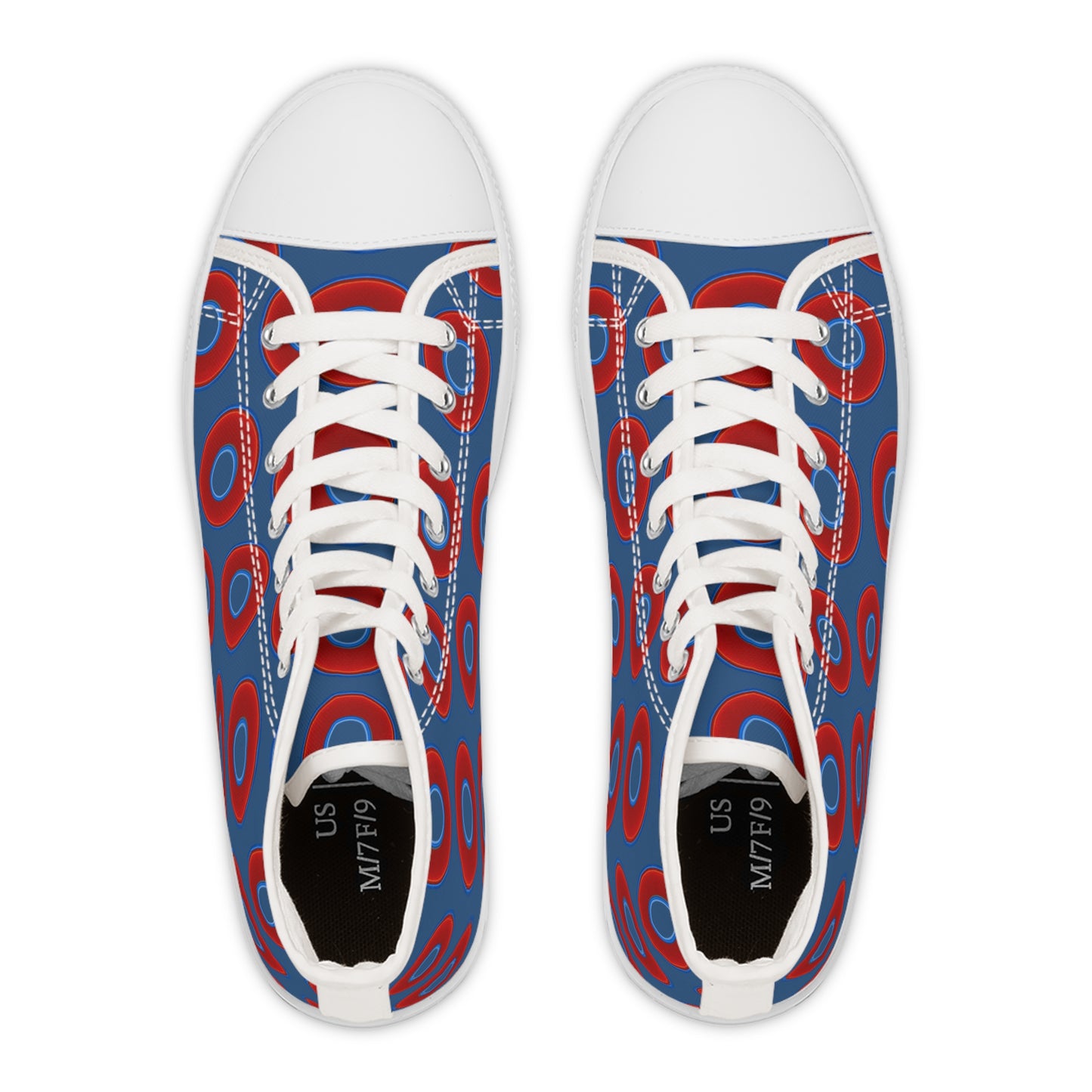 Women's High Top Chuck Taylors - large vivid red donut print w/light navy blue background