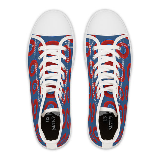 Women's High Top Chuck Taylors - large vivid red donut print w/light navy blue background