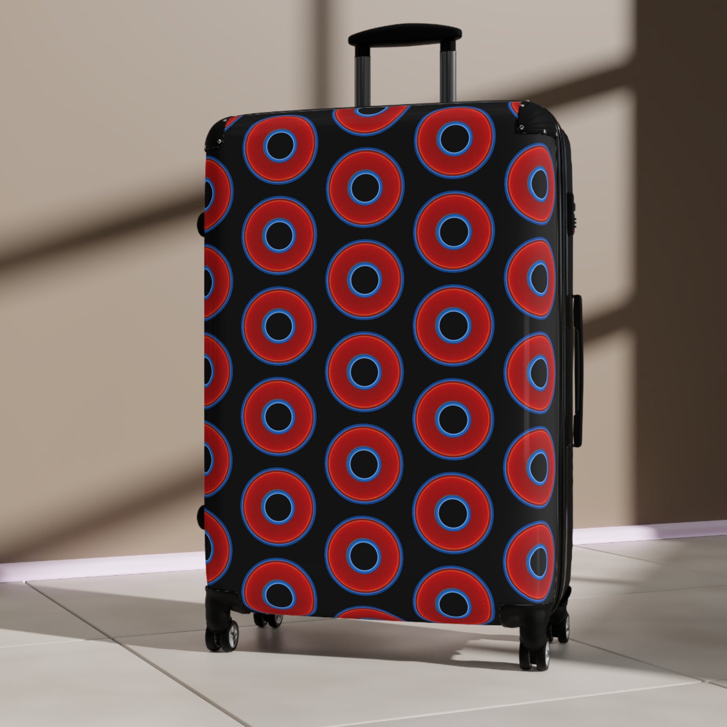 The Very Lumpy Donut Suitcase series - your choice of S, M or L - vivid red donut print w/black background