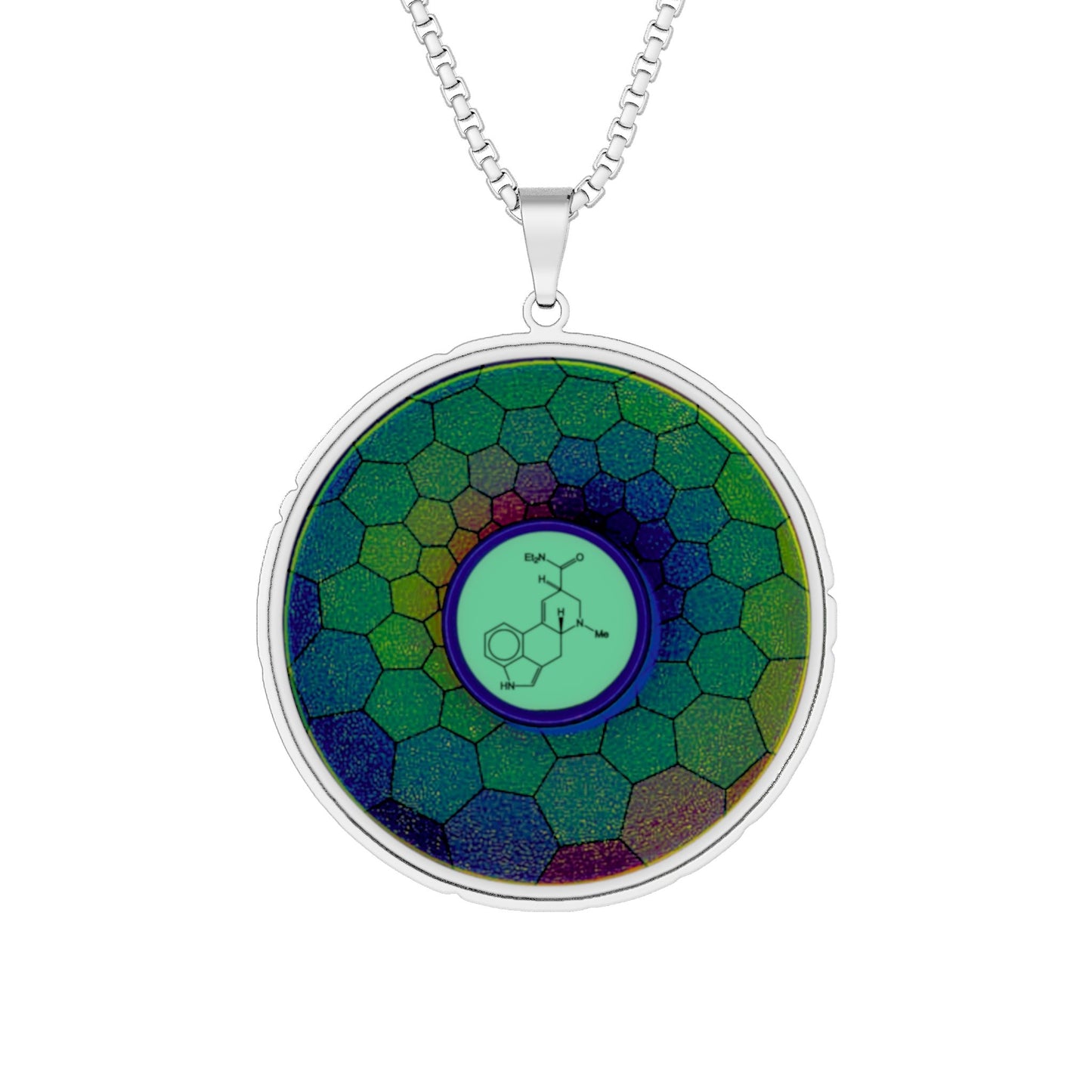 Lump's Heady Donut Necklace - 1" x 1" Stainless Steel Pendant - "Dr. Albert Hofmann's Donut" - green cubed donut w/background - variant 3