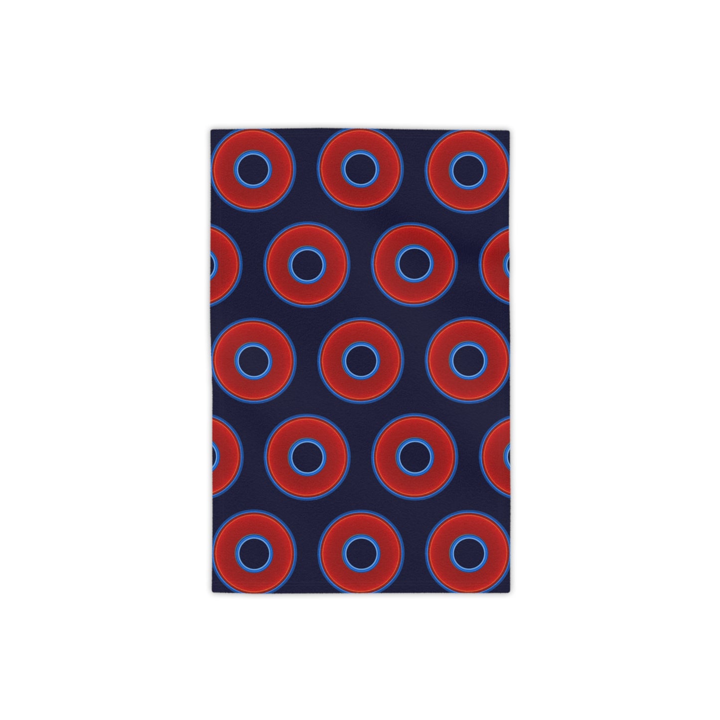 Lumpy Donut Towels - vivid red donuts w/midnight blue background