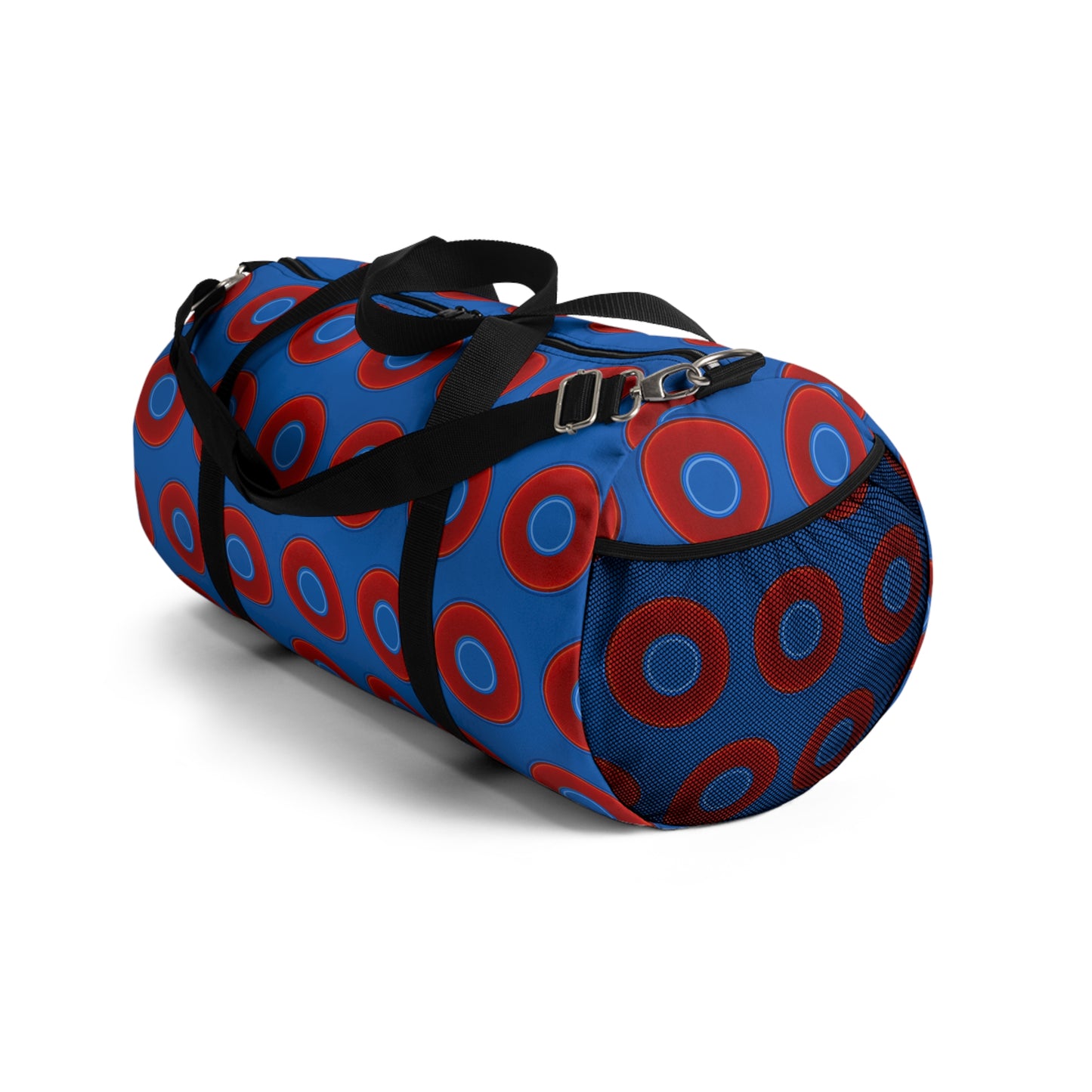 Lumpy Duffel - vivid red donuts w/dark royal blue background