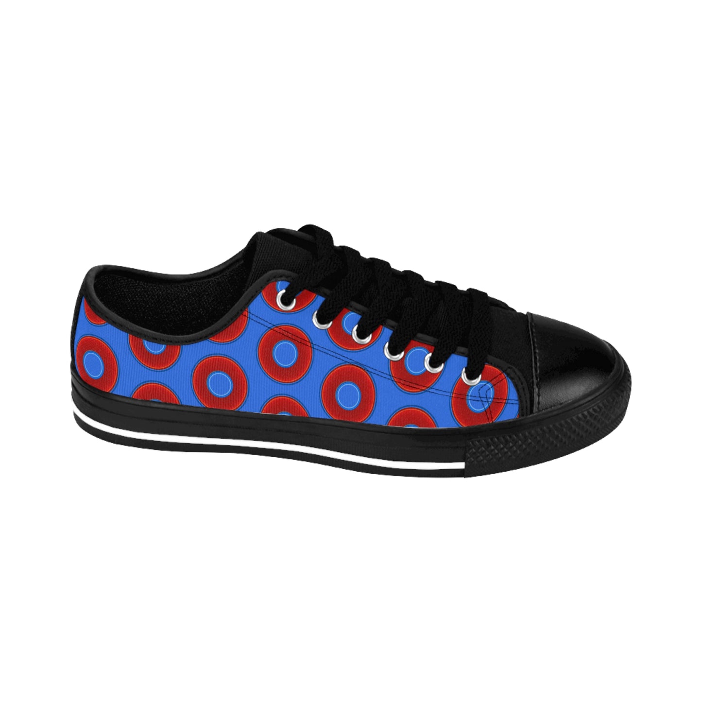 Men's Cushiony Convectors - Low Top - large red vivid donut print w/medium royal blue background