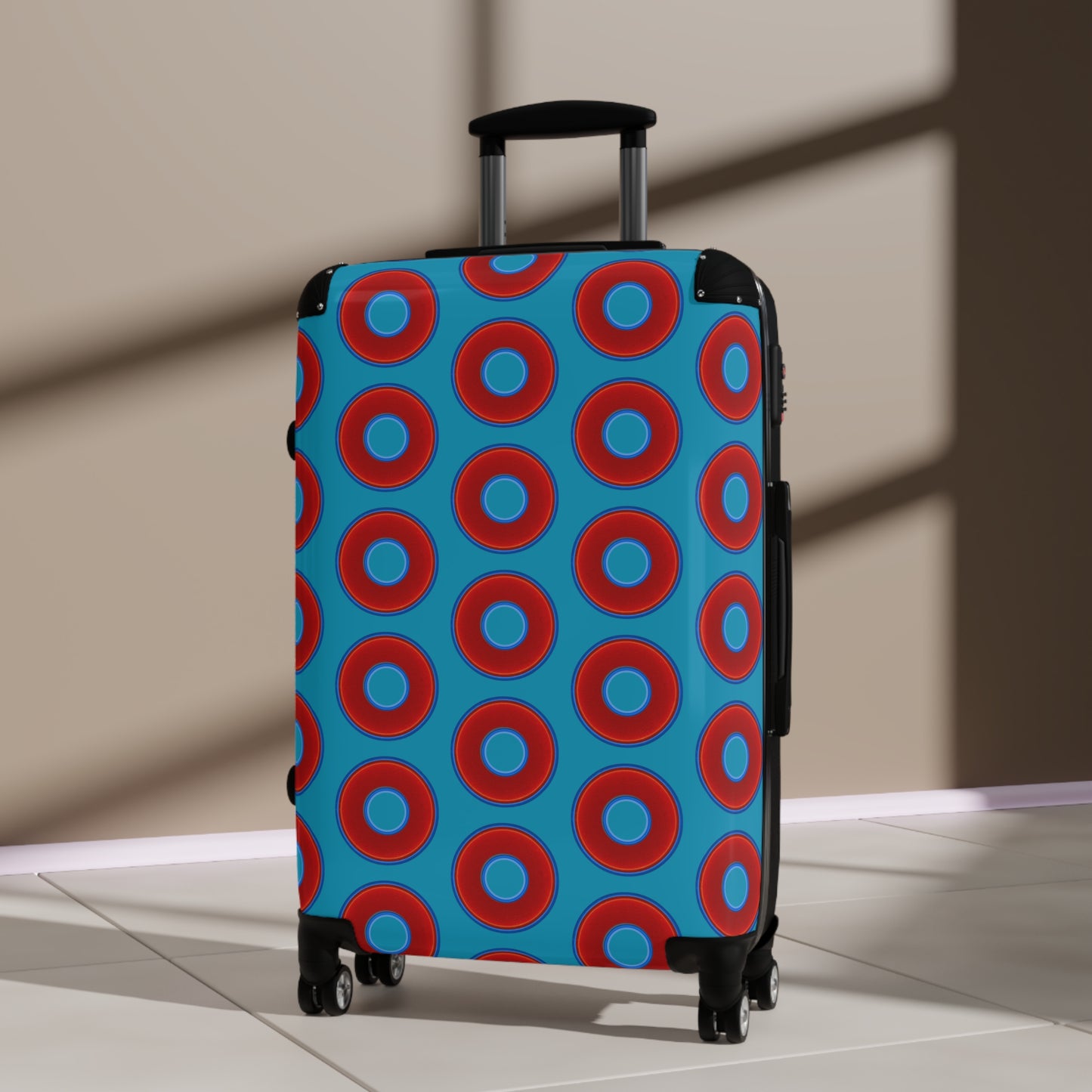 Very Lumpy Donut Suitcase series - your choice of S, M or L - vivid red donut print w/aquamarine blue background
