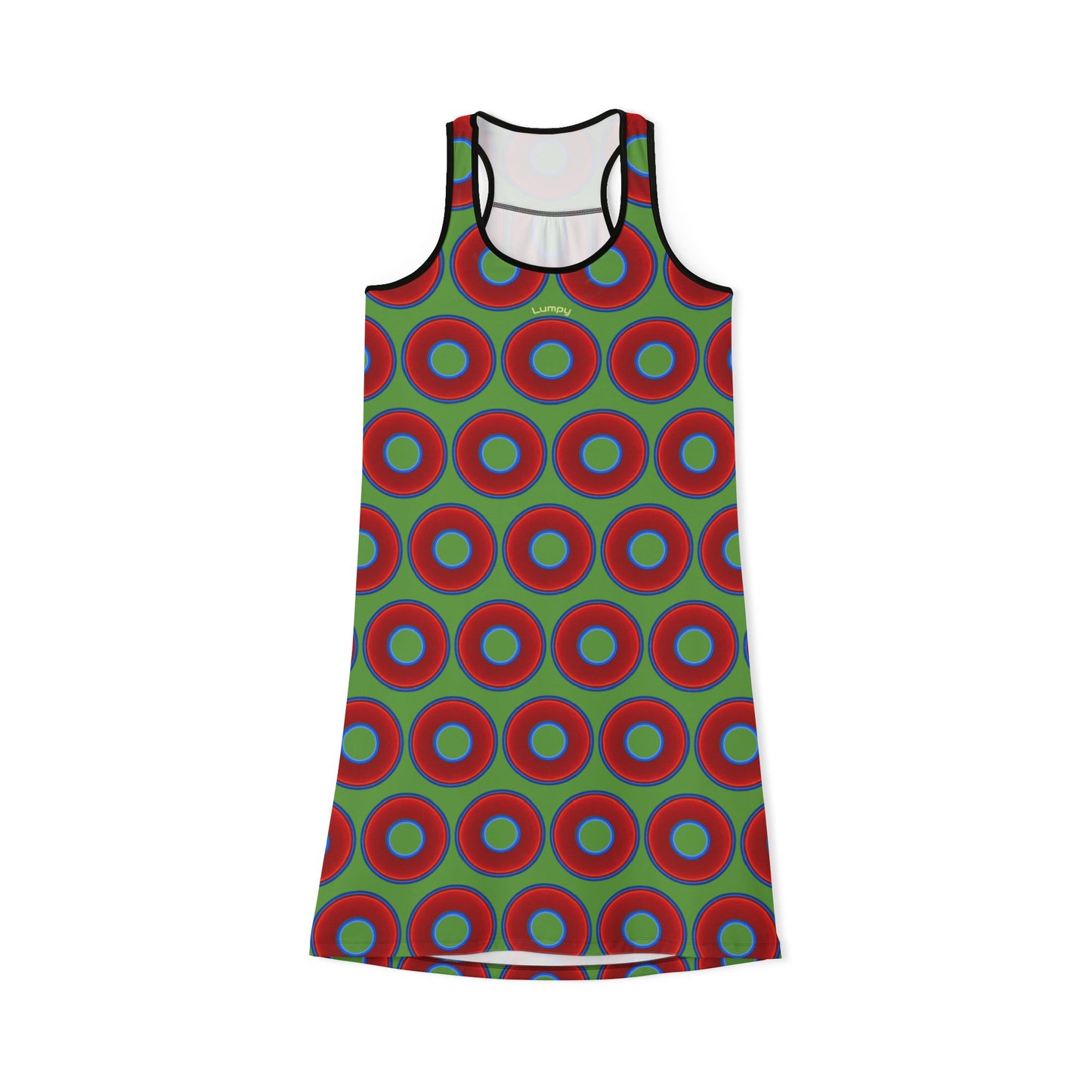 Tela's Lumpy Racerback Donut Dress - red vivid donut print w/light green background