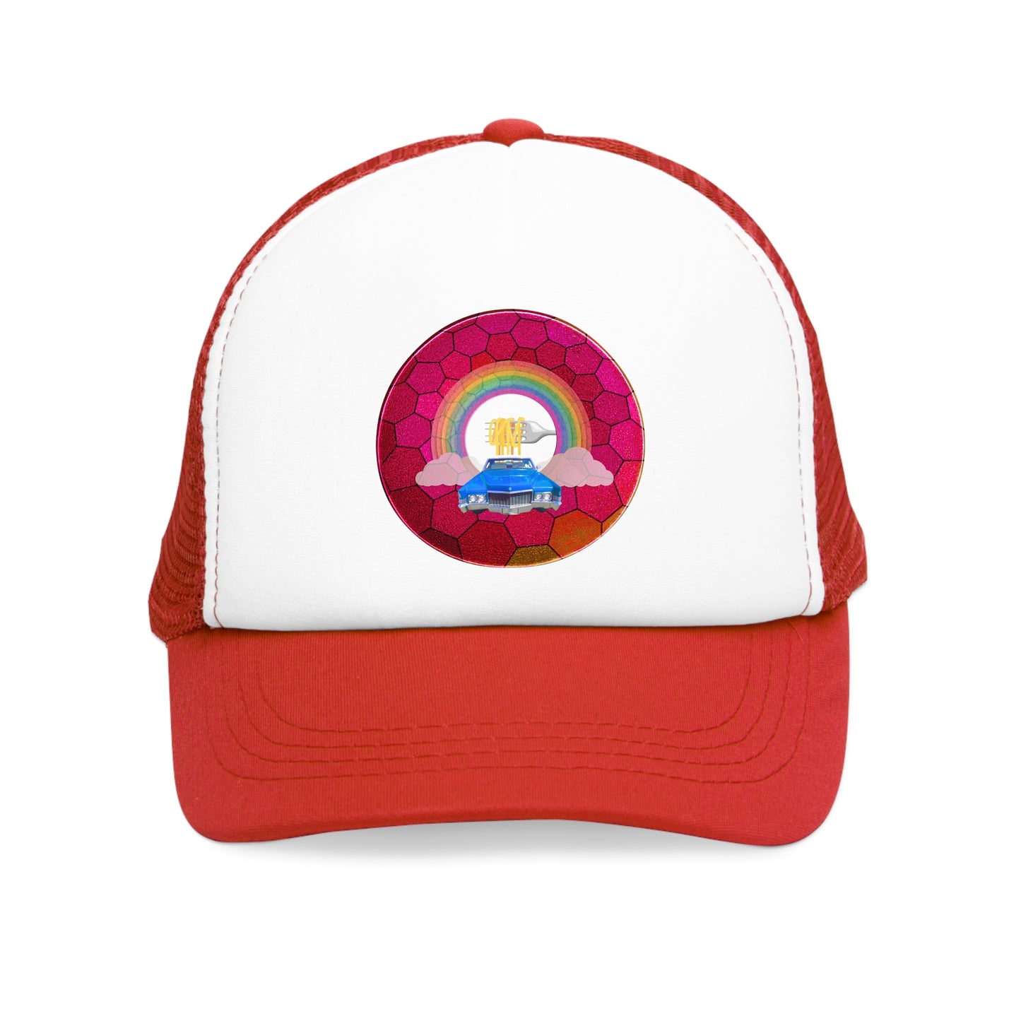 Lumpy Trucker Hat - "The Spaghetti Incident in my Caddy " - variant 3 - magenta hexadonut w/blue caddy