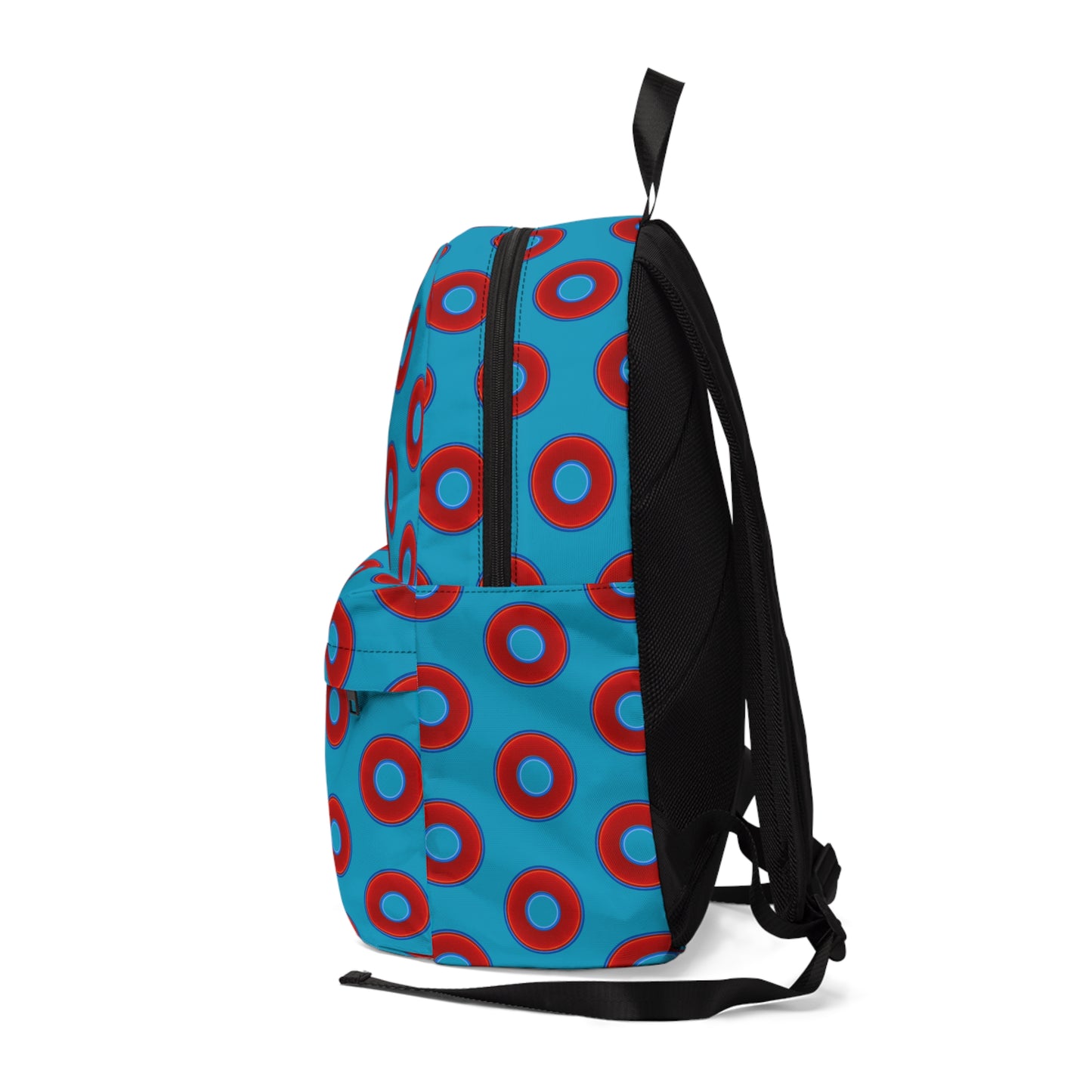 Donut Backpack - red vivid donuts w/aquamarine blue background