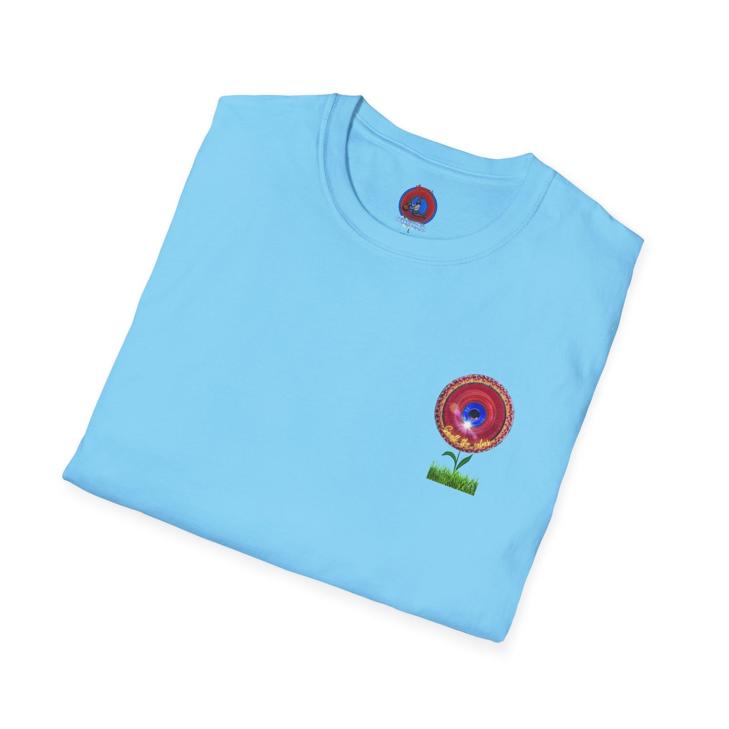 Classic Donut Tee - Unisex Soft-Style - "Smell the Donuts Outside on my Lawn"  " variant 2 - blue donut on red donut/flower