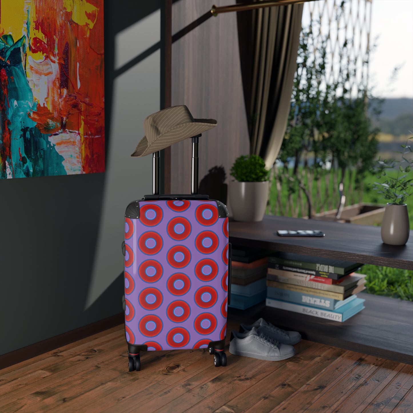 The Very Lumpy Donut Suitcase series - your choice of S, M or L - vivid red donut print w/light purple background