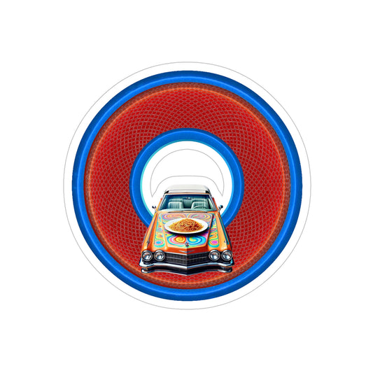 Donut Bumper/Outdoor Sticker - "Cadillac Rainbows & Eating on the Run" - series 1.0 - variant 4 - red/blue donut - [Die-Cut] 6"x 6"