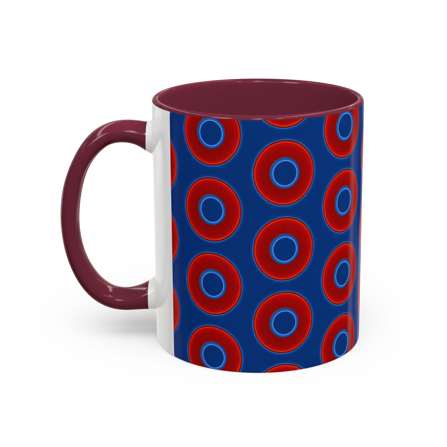 Lump's Grumpy Coffee Mug - vivid red donuts w/dark blue background