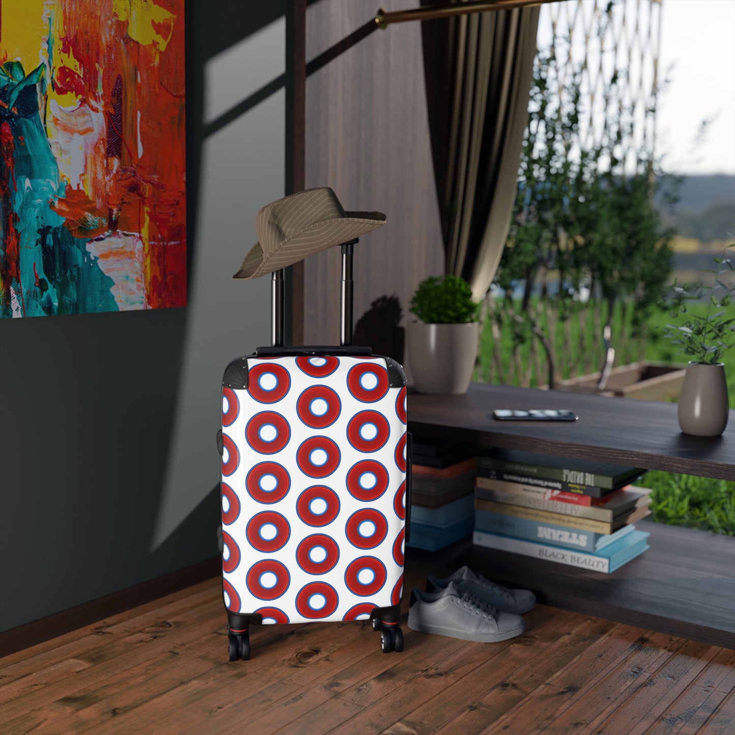 The Very Lumpy Donut Suitcase series - your choice of S, M or L - vivid red donut print w/white background