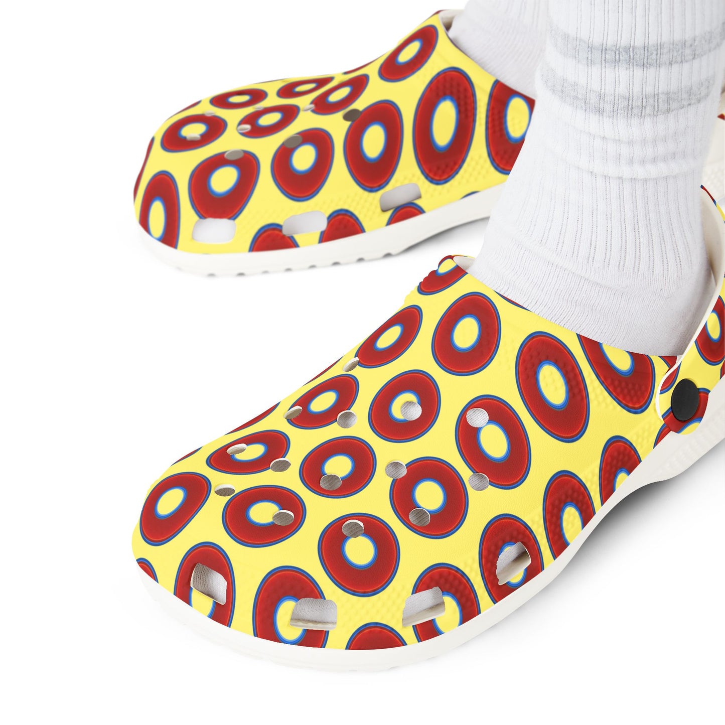 Spatchcocks - donut slip-on shoes - vivid red donuts w/yellow background [unisex]