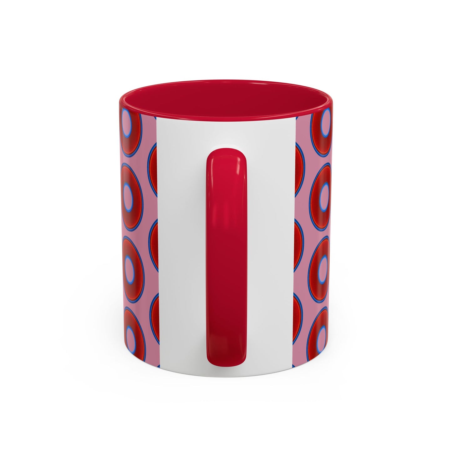 Lump's Grumpy Coffee Mug - vivid red donuts w/pink background
