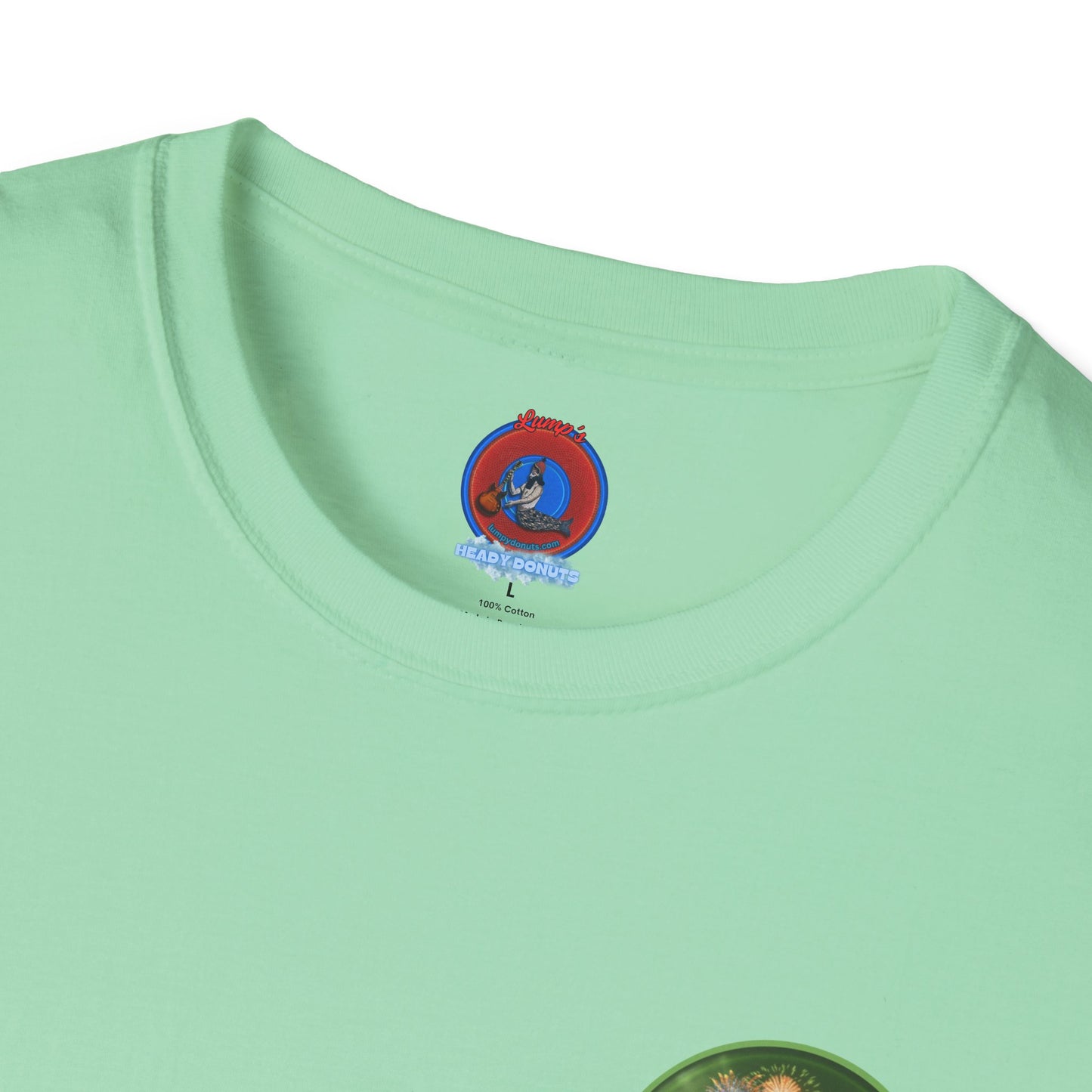 Classic Donut Tee - Unisex Soft-Style - "Rutherford's Staying Alive" - series 1.0 - variant 1 - green donut