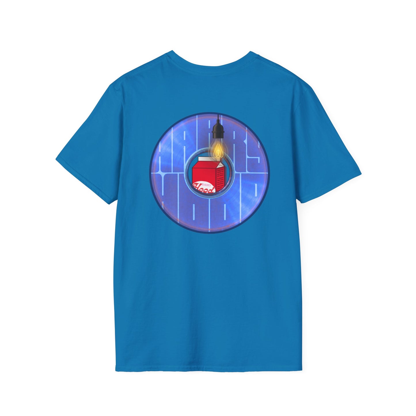 Classic Donut Tee - Unisex Soft-Style - "Harry Left His Donut Shirt" - series 1.0  - variant 4 - purple/blue donut - w/milk & light on