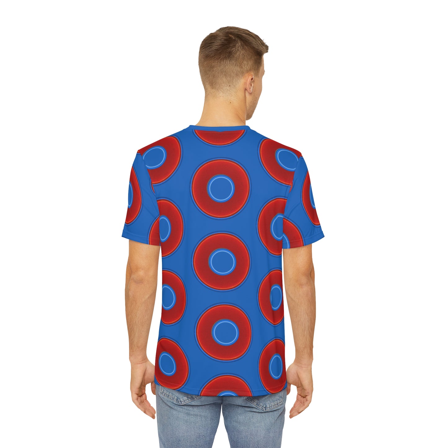 Multi-Beastie Giant Donut AOP Polyester Tee - red vivid donut print w/dark royal blue background