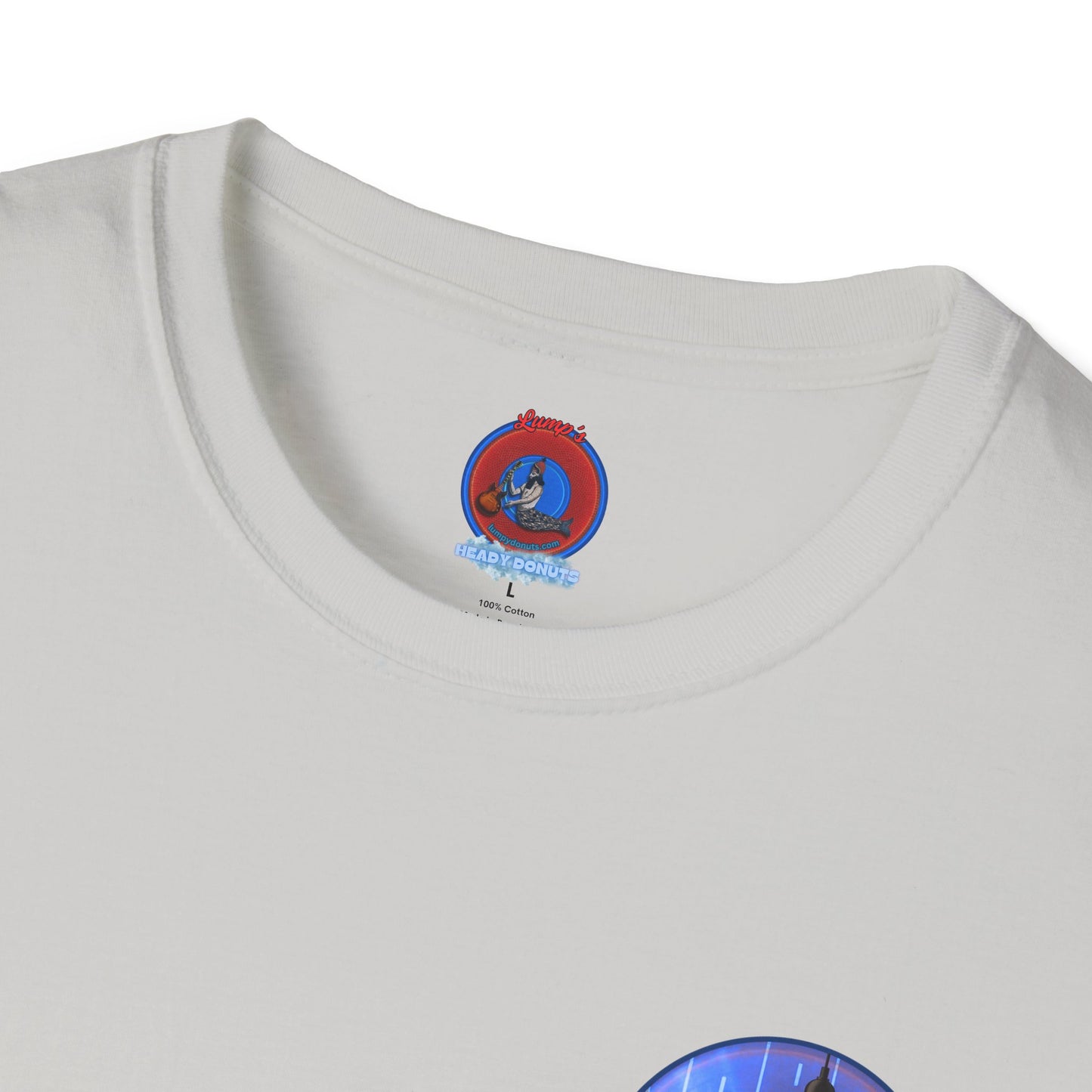 Classic Donut Tee - Unisex Soft-Style - "Harry Left His Shirt" - series 1.0  - variant 4 - purple/blue donut - w/light on