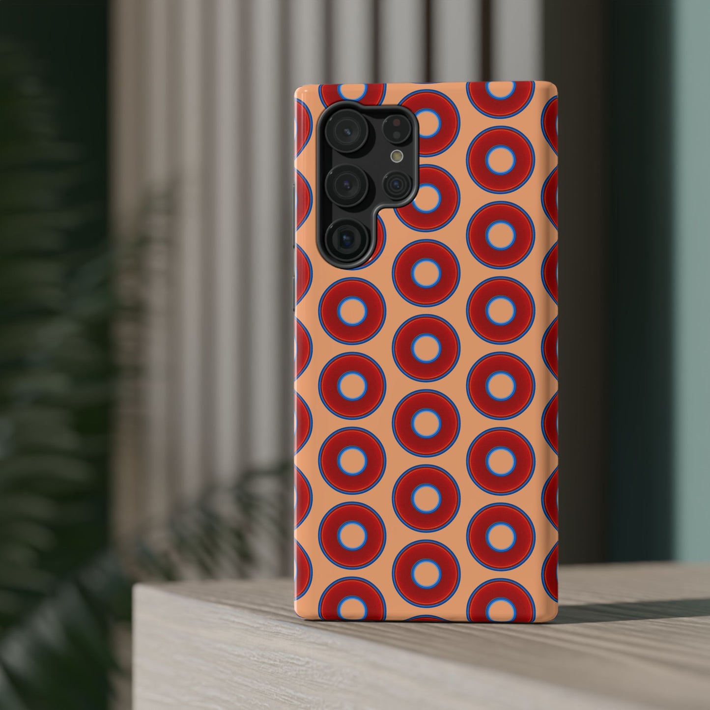 Impact-Resistant Lumpy Donut Case - red vivid donut print w/peach background