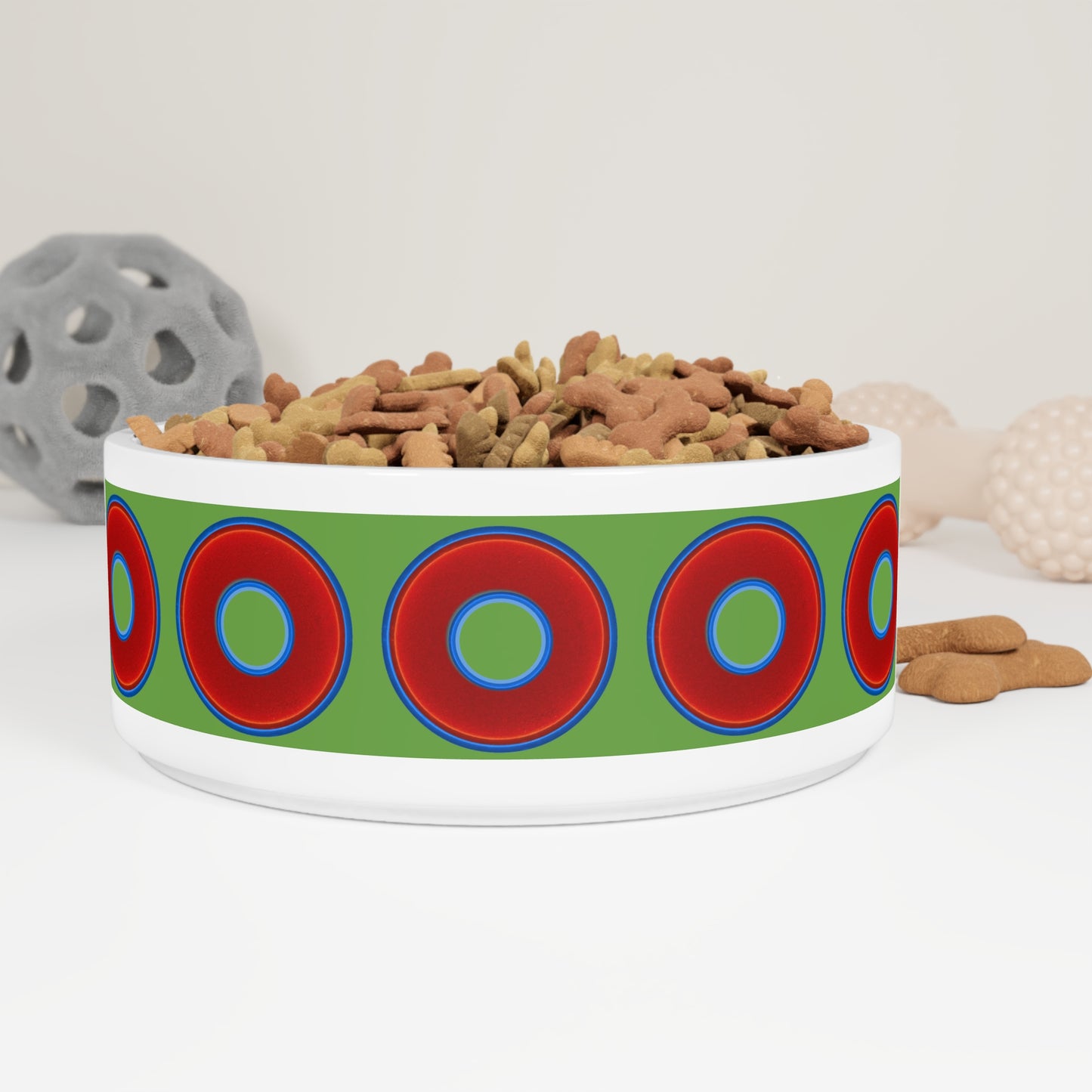 16 oz Lumpy Pet Bowl - vivid red donuts w/light green background