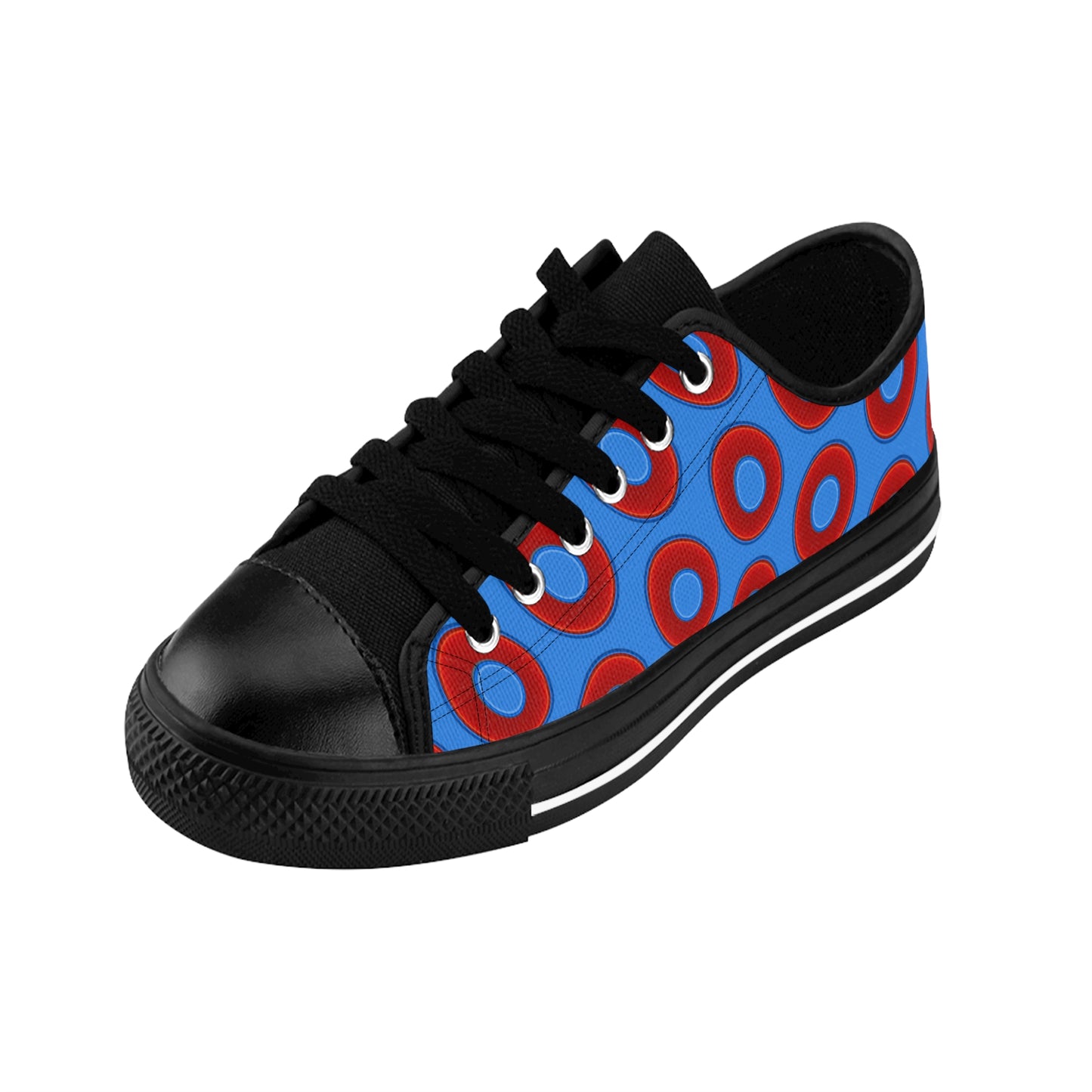 Men's Cushiony Convectors - Low Top - large red vivid donut print w/light royal blue background