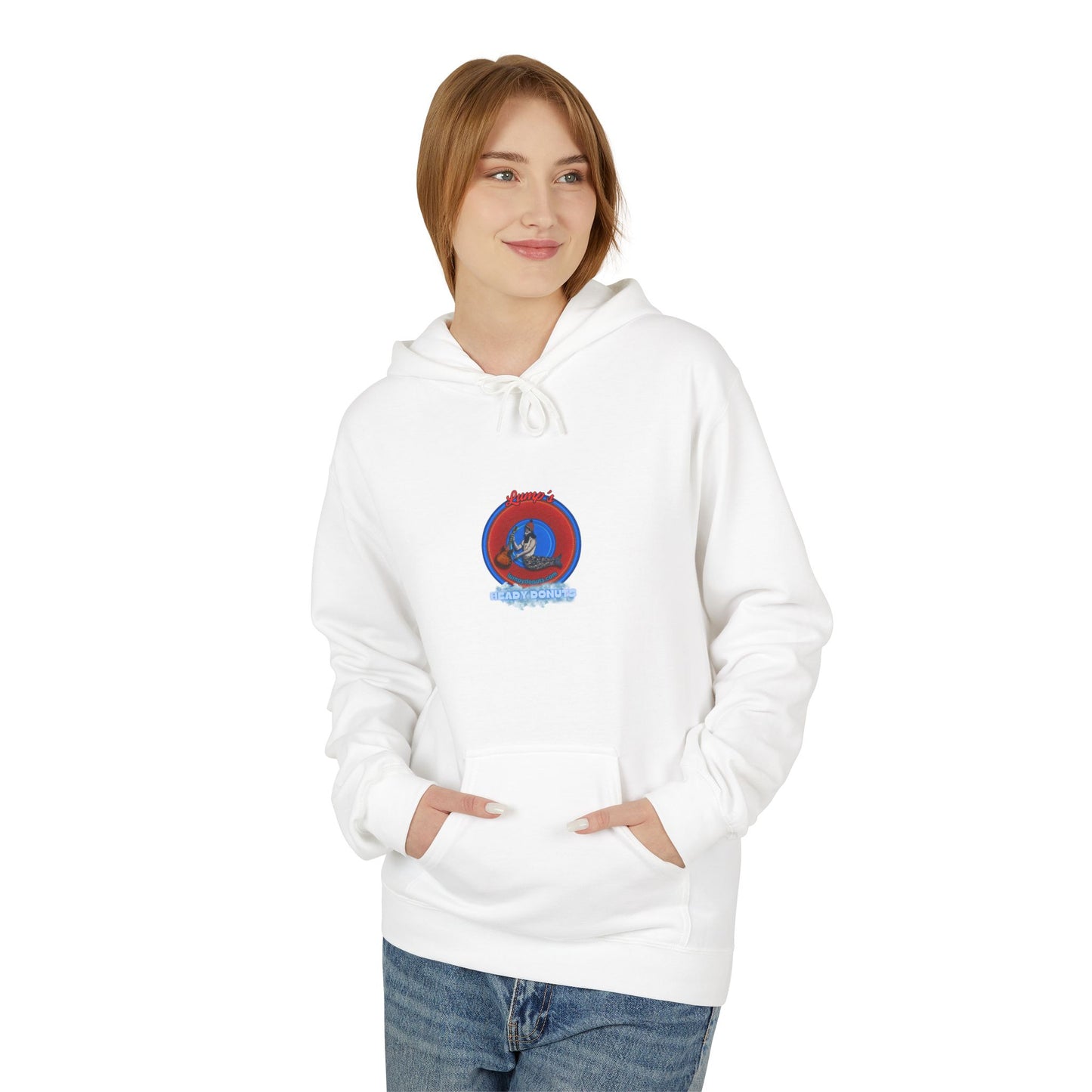 Unisex Fleece Hoodie - [Midweight Soft-style] - "Lump's Heady Logo" - w/rustic red donuts