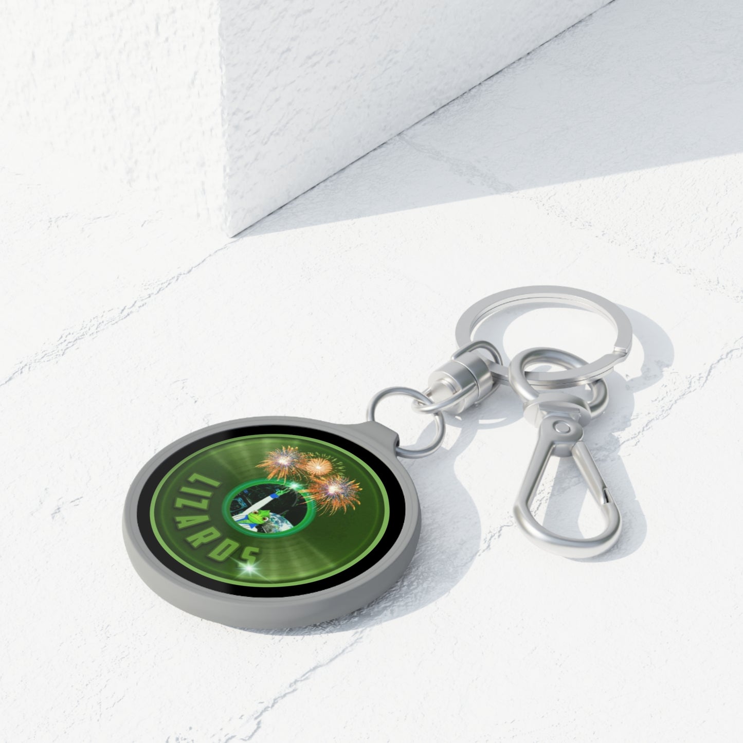 Lumpy Donut Keychain - "Rutherford's Staying Alive" - series 1.0 - variant 1 - green record donut