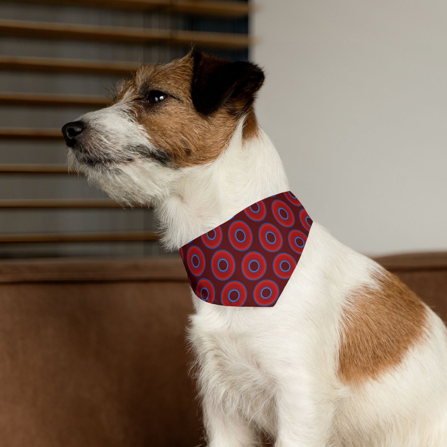 Jim's Lumpy Bandana Pet Collar - vivid red donuts w/dark red background