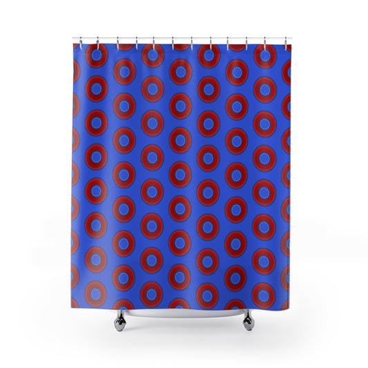 The Curtain With "Donuts" - Lumpy Bath Time Fun - vivid red donuts w/royal blue background