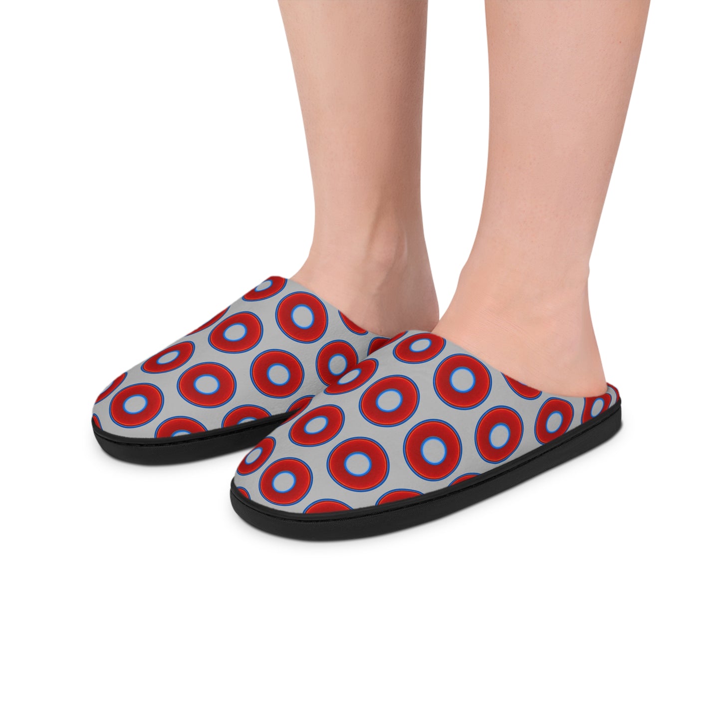 Women's Lumpy Slippers - red vivid donut print w/light gray background