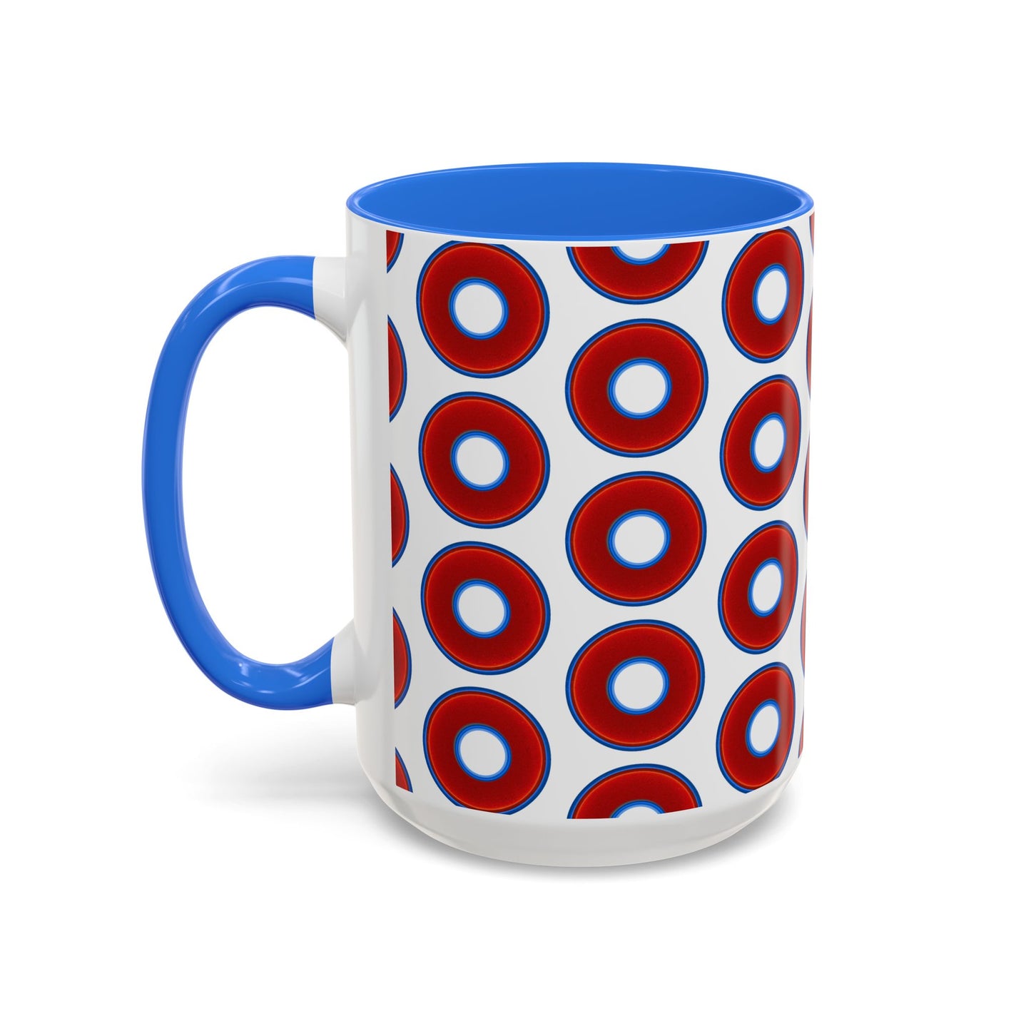 Lump's Grumpy Coffee Mug - vivid red donuts w/white background