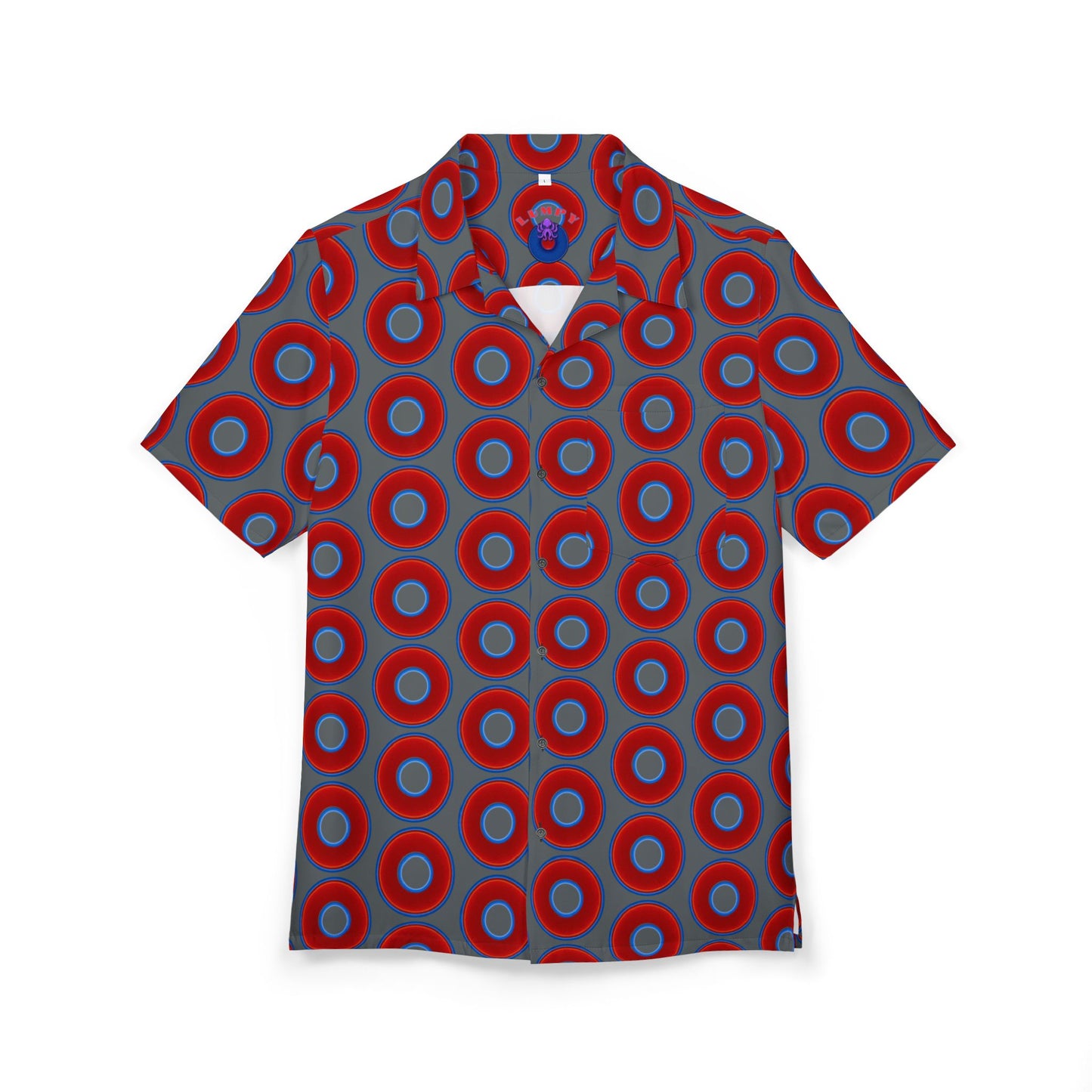 Wilson's 'Epic Hawaiian-Punch' Shirt - vivid red donut print w/dark gray background [unisex]