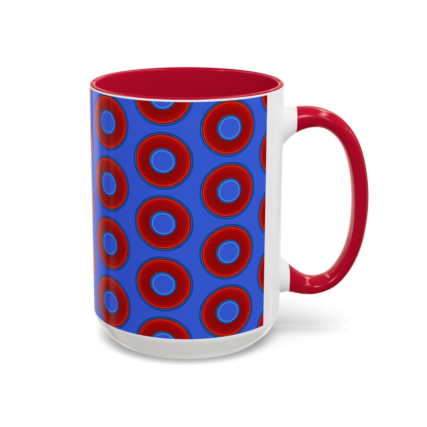 Lump's Grumpy Coffee Mug - vivid red donuts w/royal blue background