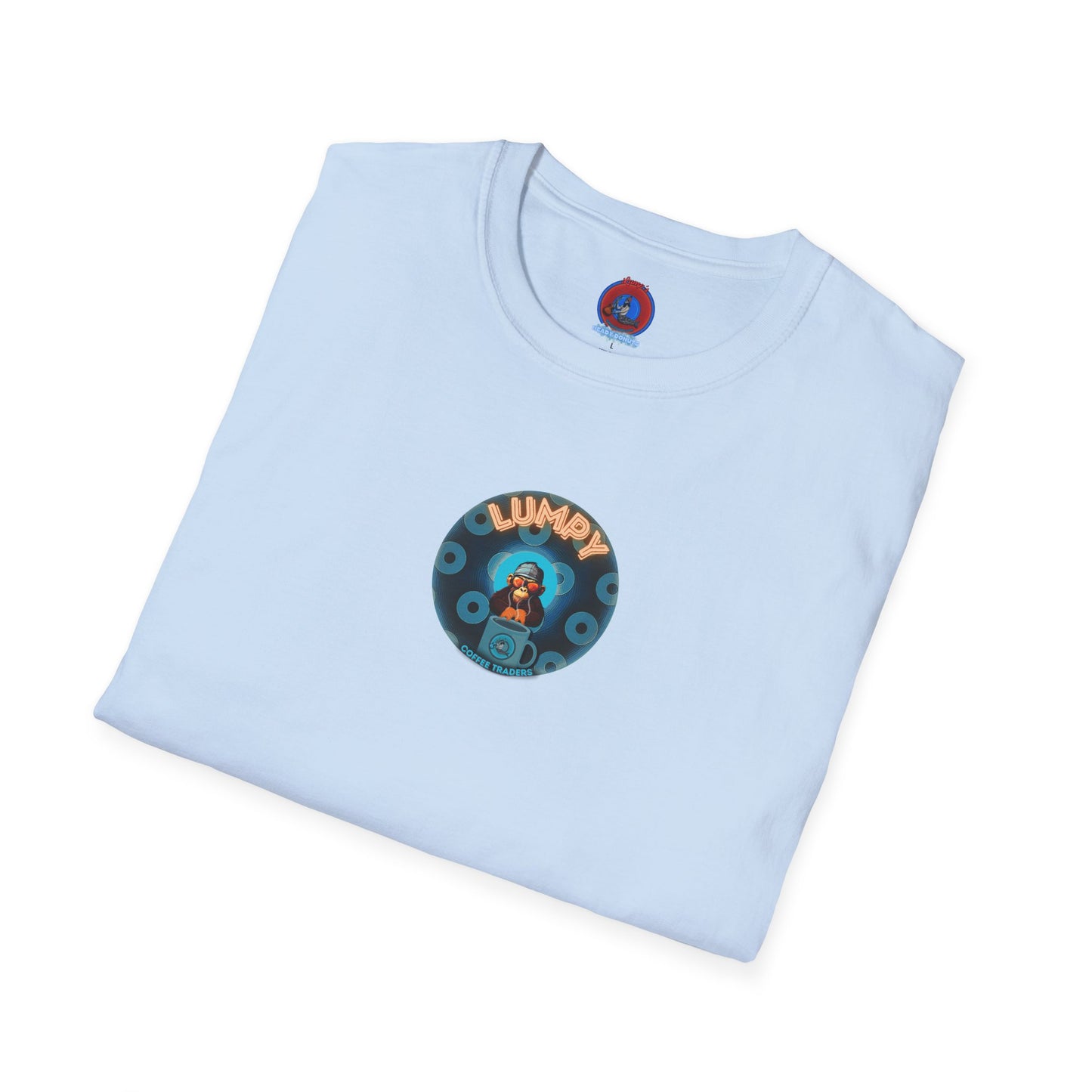 Coffee Traders Tee - Unisex Soft-Style - "Tasty Coffee" - paradoxical donut/cubed blue donut - variant 2 - logo front/It's Ice Cube's back