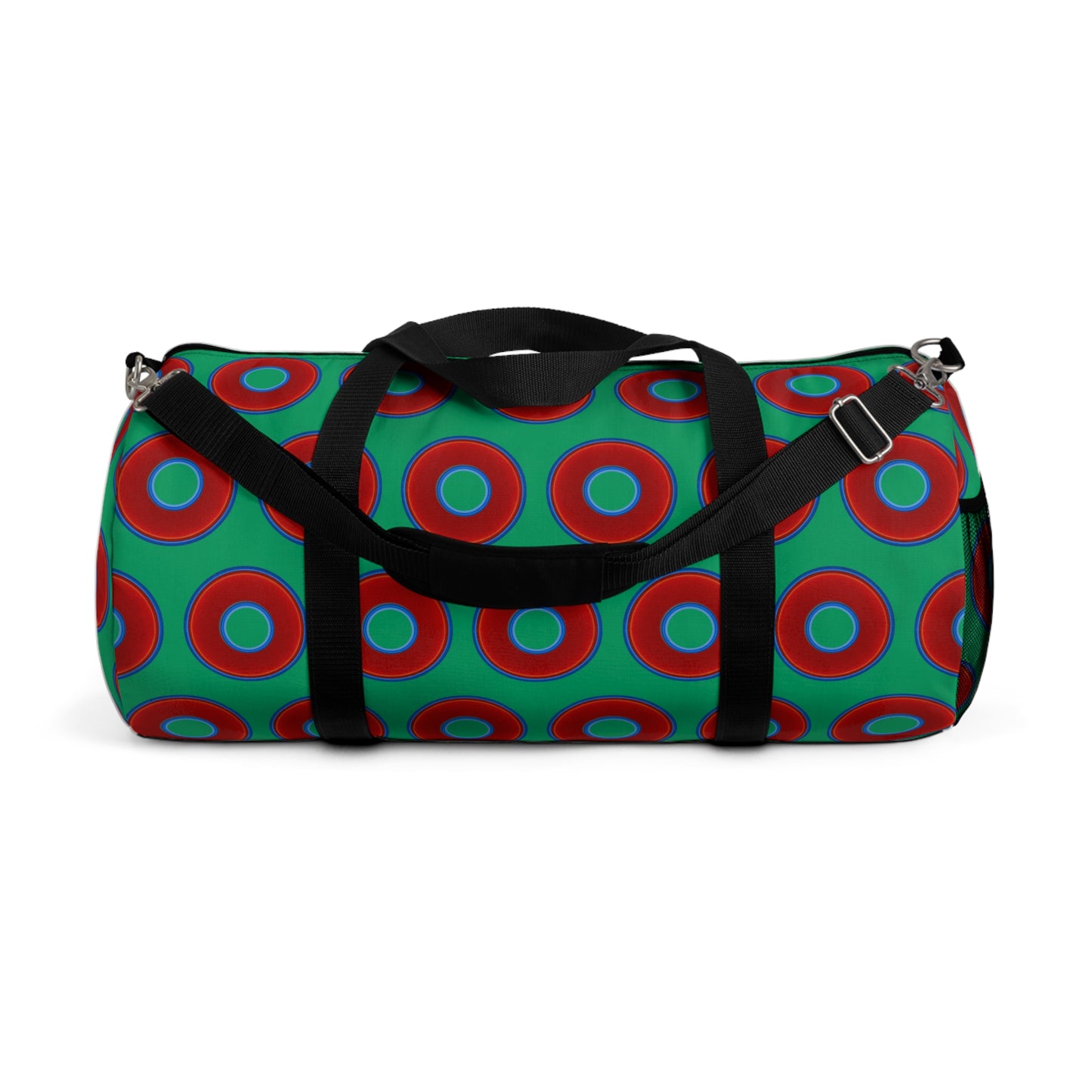 Lumpy Duffel - vivid red donuts w/jade green background