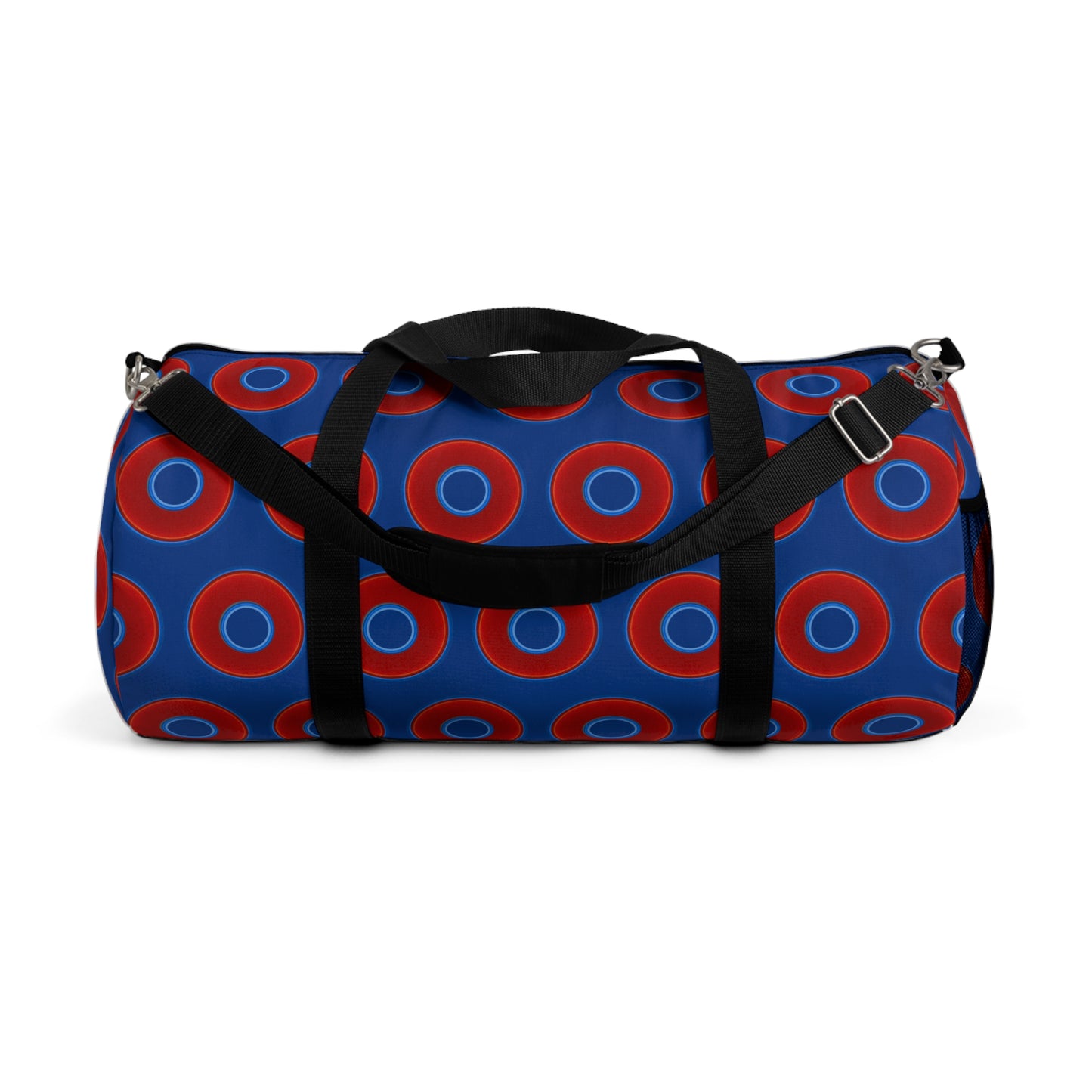 Lumpy Duffel - vivid red donuts w/dark blue background