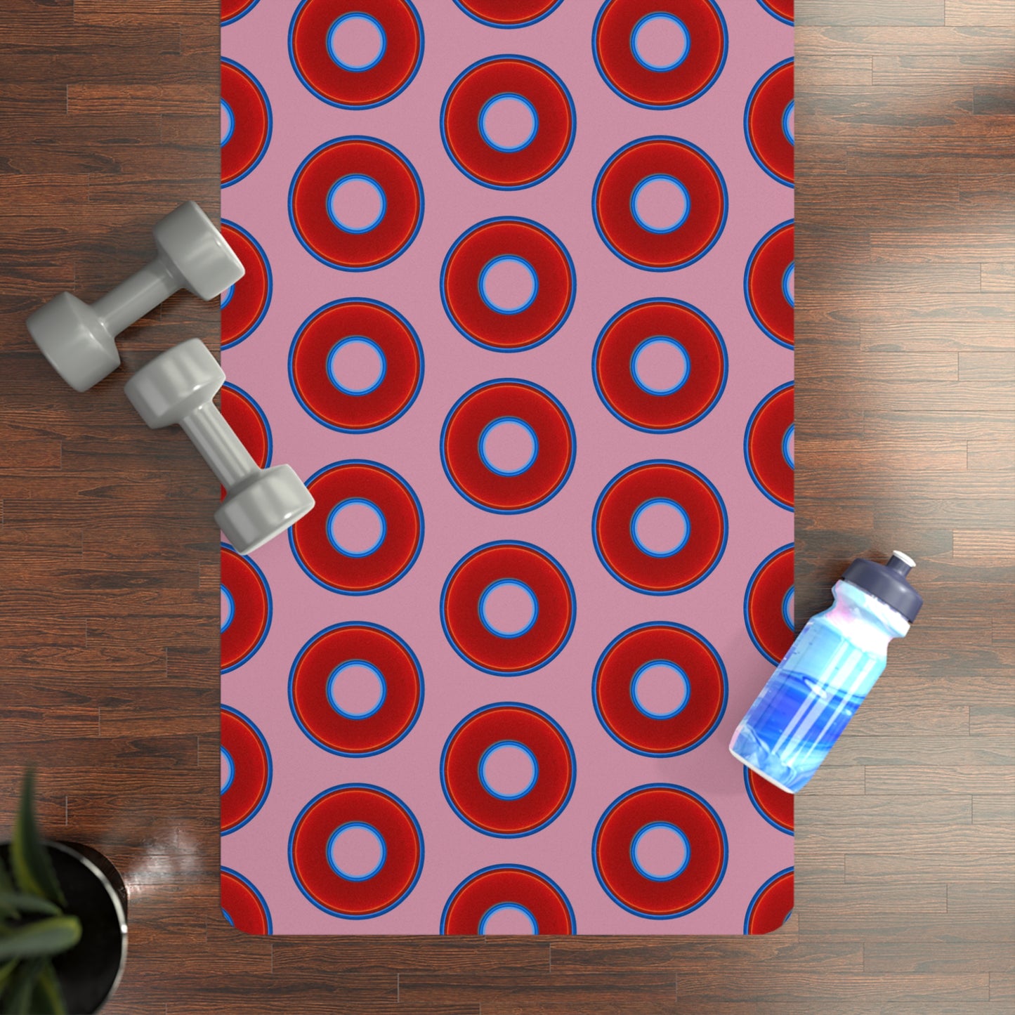 Lumpy Donut Yoga Mat :) - 24″ x 70" - vivid red donut print w/pale magenta background